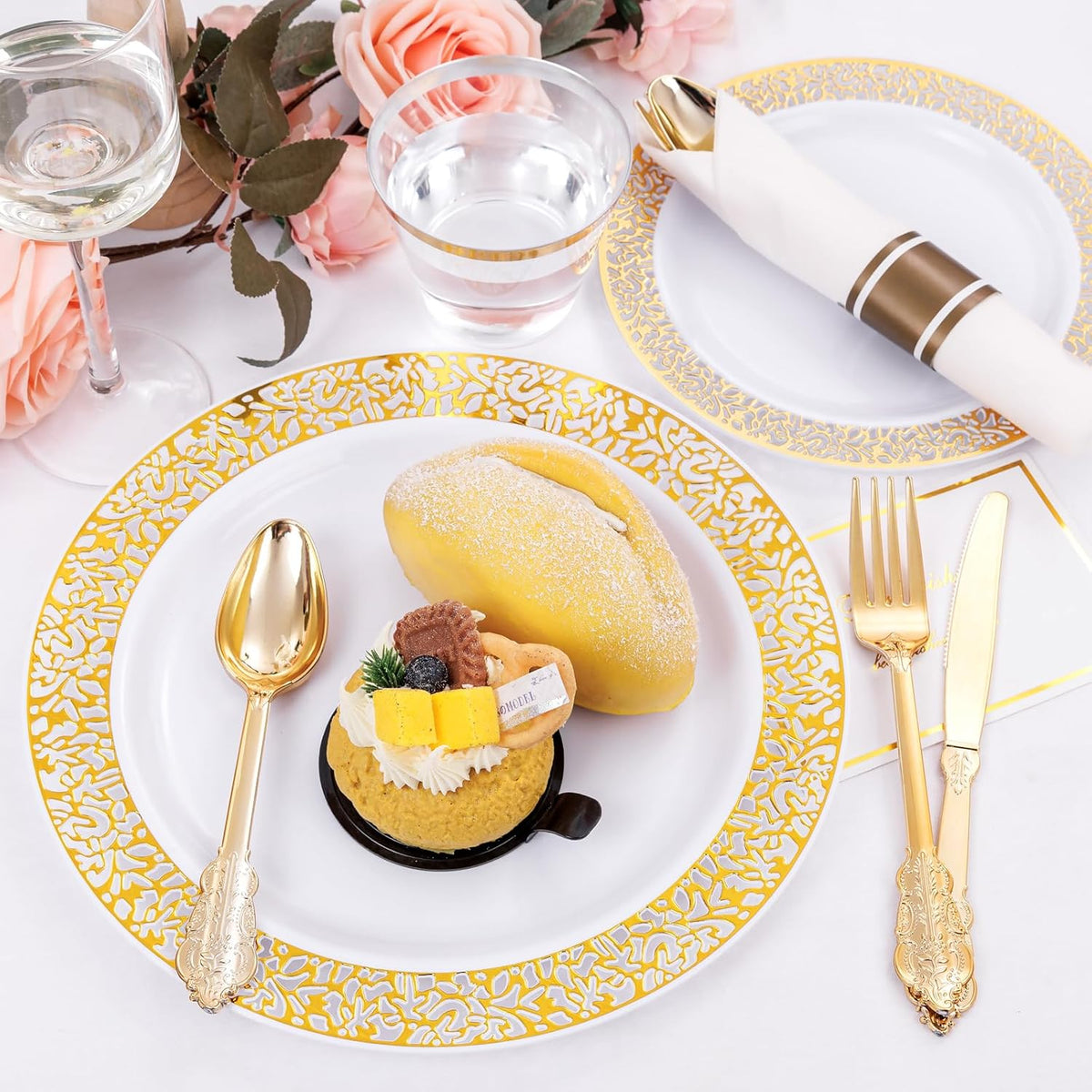 DaYammi 210 PCS Thanksgiving Gold Plastic Plates, Thanksgiving Plastic Dinnerware Sets, Includes: 30 Dinner Plates, 30 Salad Plates, 30 Pre Rolled Napkins with Gold Silverware and 30 Cups 9 OZ