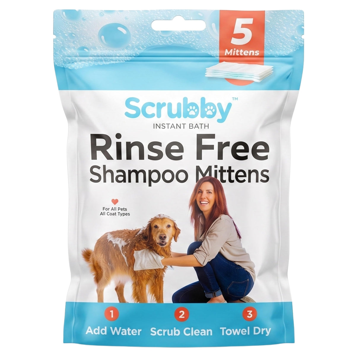 Scrubby Pet No Rinse Pet Wipes | Rinse Free Shampoo Mittens | Dogs & Cats | Bath Wipes - Bathing & Washing Pets, Hypoallergenic | No Rinse Wash Mitt | Grooming, Lather Wipe Dry - Pack of 15
