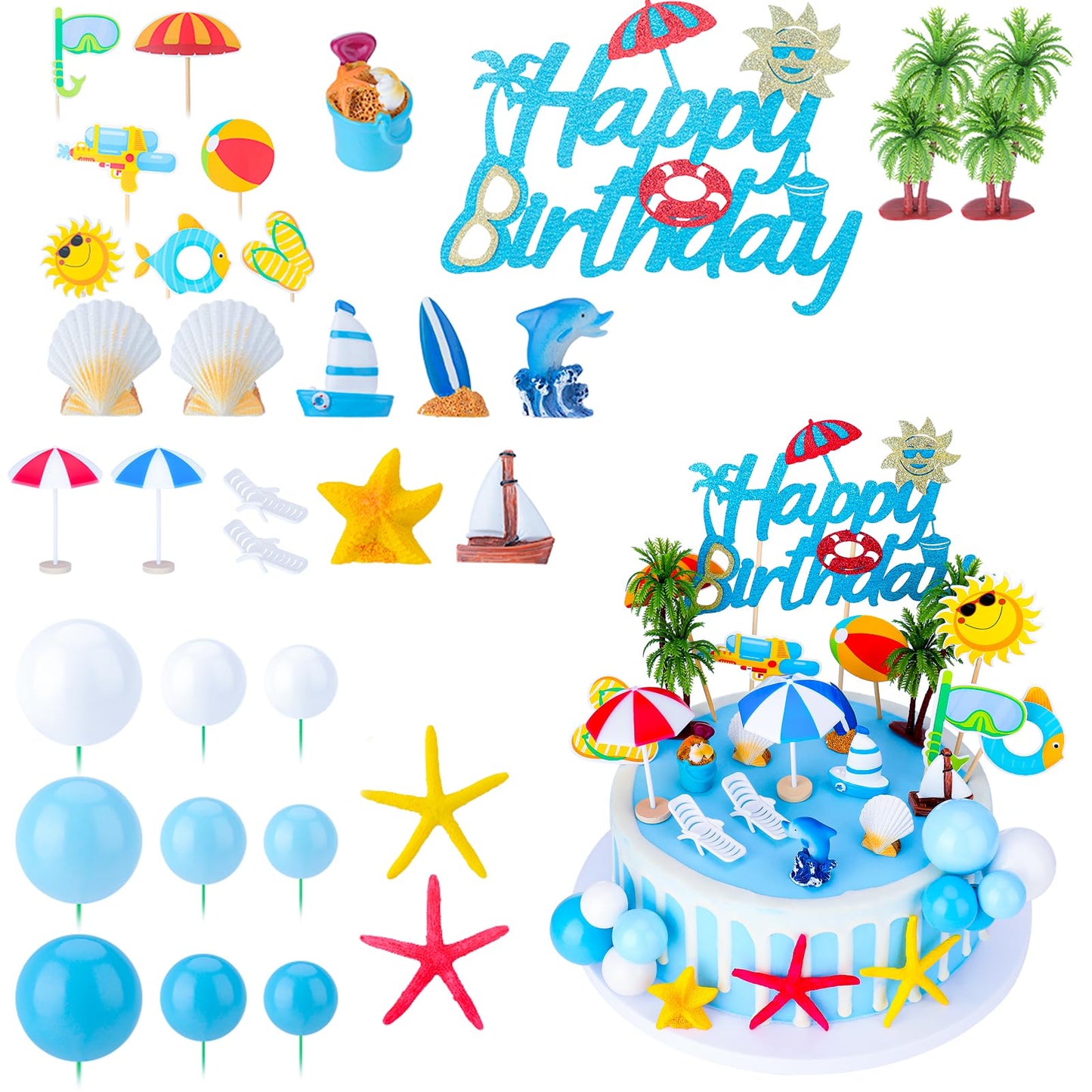 Guiqulai 33Pcs Summer Beach Cake Toppers, Hawaiian Ocean Pool Party Decorations for Birthday Cakes & Cupcakes, Tropical Blue Surfboard Starfish Coconut Tree Mini Figurines