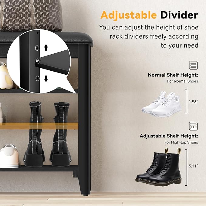 Shoe Bench Storage Rubberwood with Leather Cushion for Entryway Bench Ideal for Hallways Shoe Rack Front Doors Entrances Mudrooms Featuring 3 Height-Adjustable and Removable Shelves