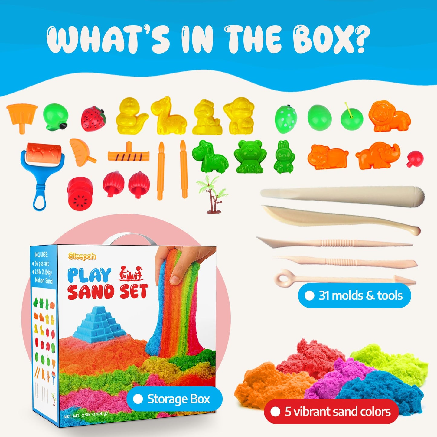 Sleepah Play Sand Sensory Sand Set for Boys & Girls Age 3 4 5 6 7 8 No Mess Never Dries Out Toy Perfect for Shaping Squeezing Scooping Rolling Molding – 31p Set 5 Colors Large Arts & Crafts Set Gift