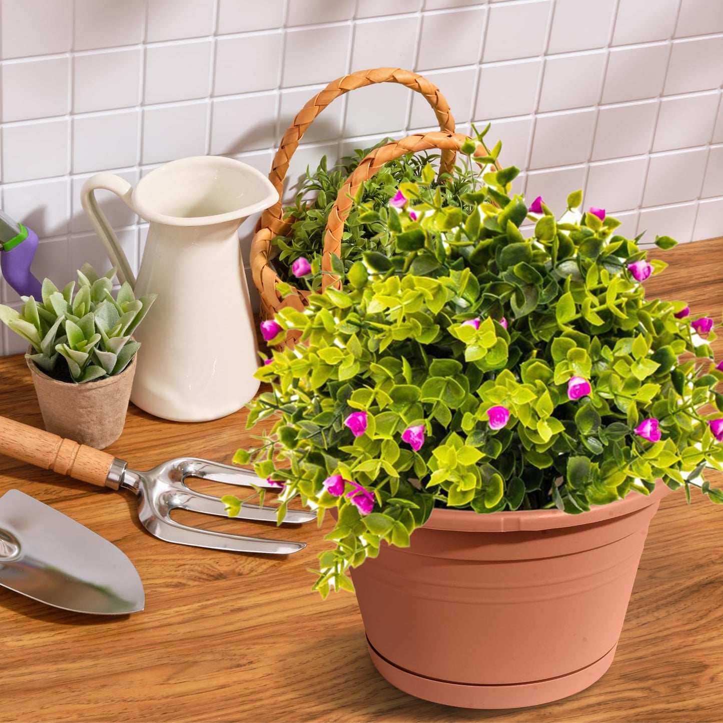 VIDELLY 4 Pcs Hanging Planters for Indoor Plants,10" Large Plastic Hanging Basket with Drainage Trays & Chain Holder for Outdoor Indoor Plants Garden Balcony Decoration, Brown