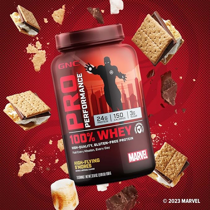 GNC Pro Performance 100% Whey Protein Powder | Supports Healthy Metabolism and Lean Muscle Recovery | Marvel: High-Flying S'Mores | 25 Servings