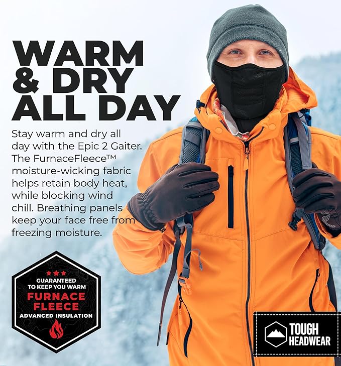 Tough Headwear Half Ski Mask - Warm Fleece Face Mask - Stretch Neck Gaiter Skiing Accessories - Breathable Cold Weather Gear