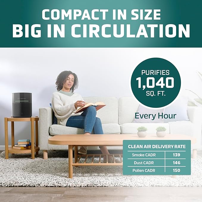 GermGuardian Airsafe+ HEPA Air Purifier for Home, Large Rooms Up To 1043 Sq. Ft. with HEPA Air Filter, UV-C Light & Air Quality Sensor, AC3000B, Black