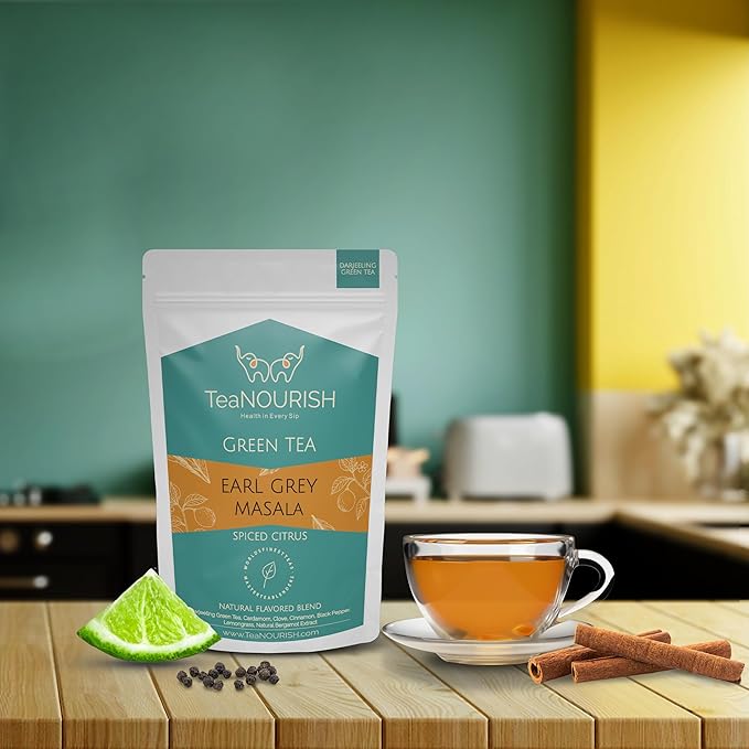 TeaNOURISH Earl Grey Masala Green Tea | Spiced Citrus | Darjeeling Loose Tea | Blended with Indian Aromatic Spices enriched with Bergamot extract | 50 Cups Hot or Iced - 3.53oz/100g