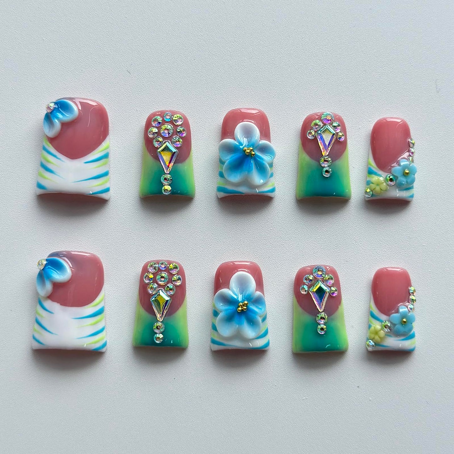 Luxury Press on Nails Short Duck Handmade 3D Unique Reusable ABS Material Fake Nails French Tip False Nails with Designs Floral Rhinestones Blue&Green Glossy Glue on Thick Acrylic Nails(S)