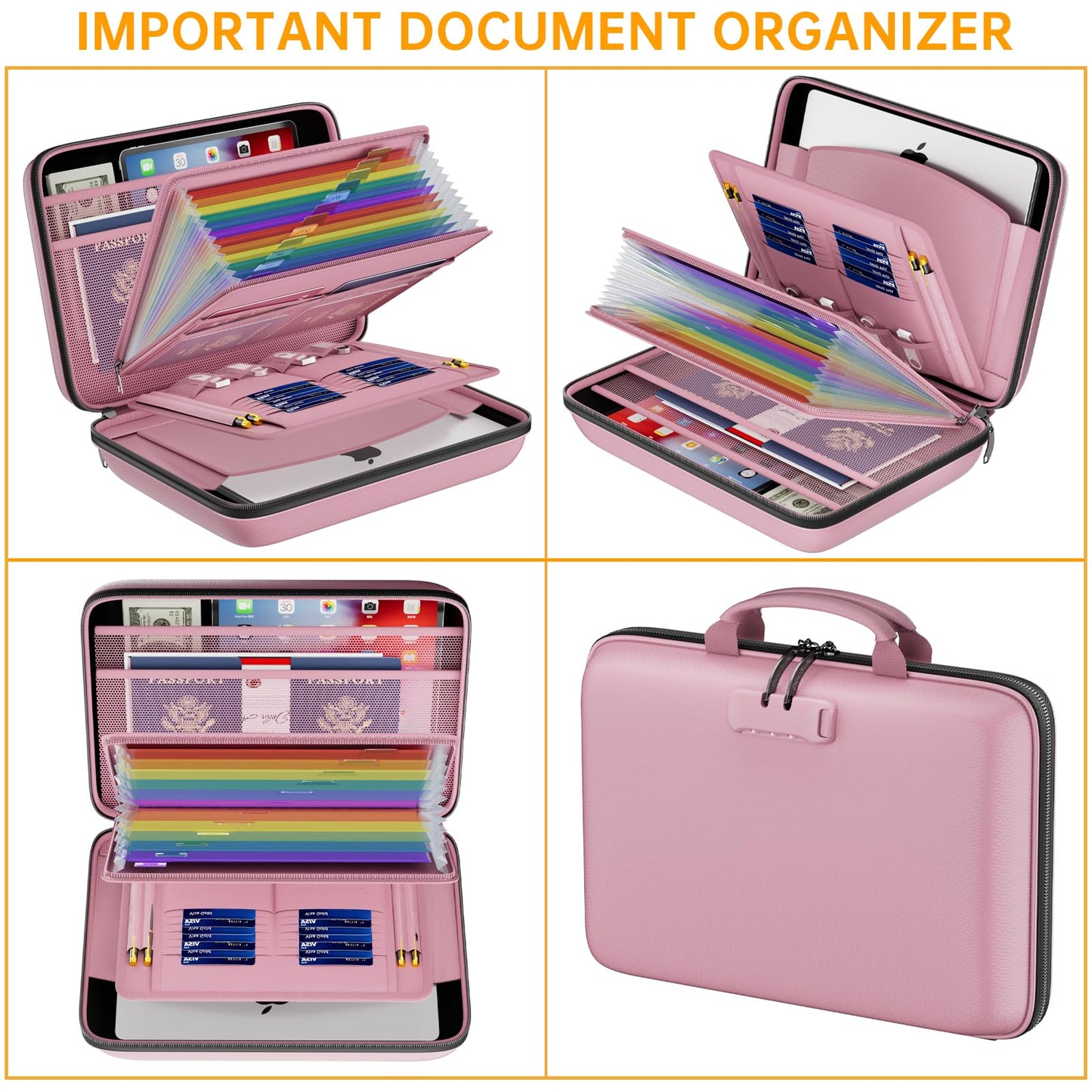 DocSafe Fireproof File Organizer with Lock, Hard-Shell Case Fireproof Document Box with 13 Pocket Accordion File Folder, Portable Home Office Travel Safe Storage for Important Documents Laptop Pink