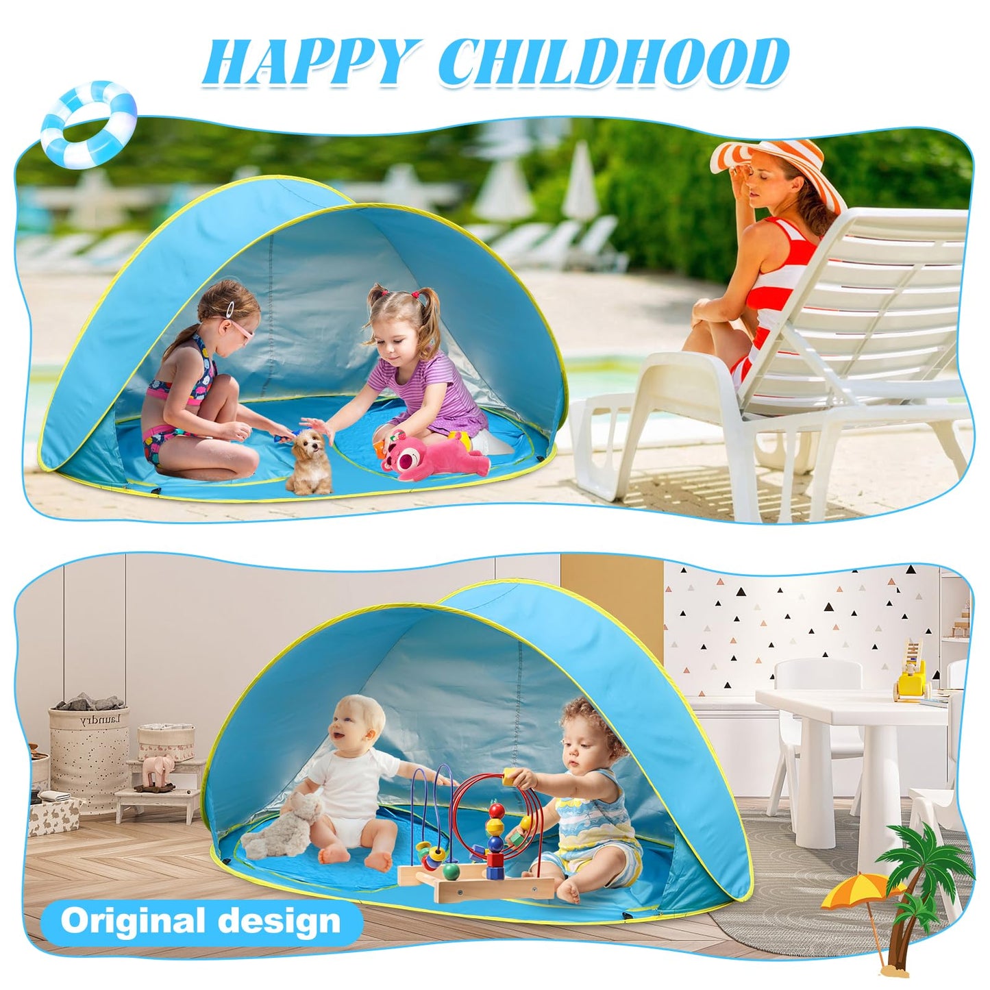 QTREE intelligence Baby Beach Tent-2 Pools Pop Up UPF 50+ Sunshade with Carry Bag, Portable for Travel,Beach,Camping,Indoor
