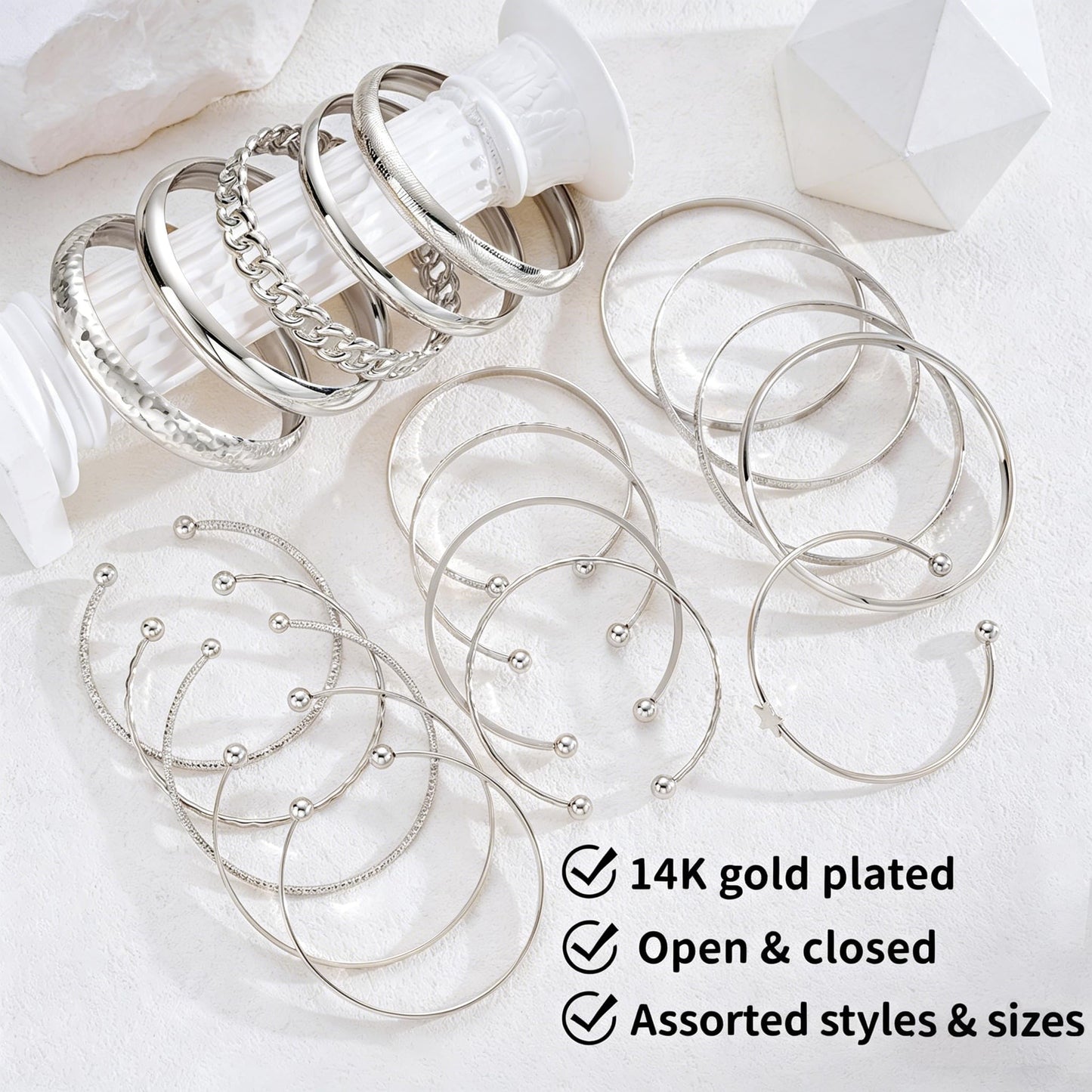 ÌF ME Gold Bangle Bracelets for Women, 19Pcs Multi Stackable Textured Bangles Set, 14K Gold Plated Chunky Bracelet Boho Jewelry Gifts(Silver)