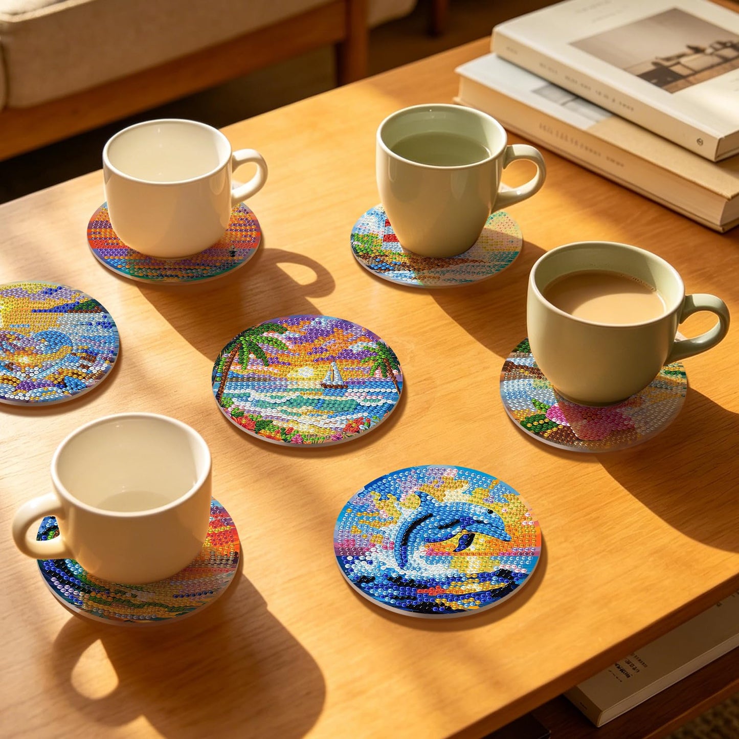 8 Pcs Beach Diamond Art Coasters Kit with Holder for Adults, DIY Diamond Painting Coasters with Cork Backing, Non-Slip Ocean Gem Art Coaster for Home Decor & Gifts
