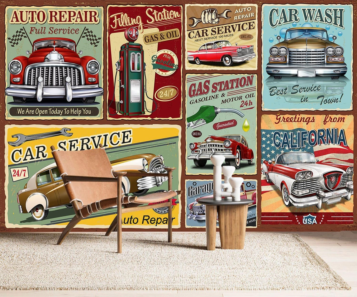 AFZEVEB-Car Poster Wallpaper Vintage Wall murals for Bedroom 159"x107" (Not Peel and Stick)
