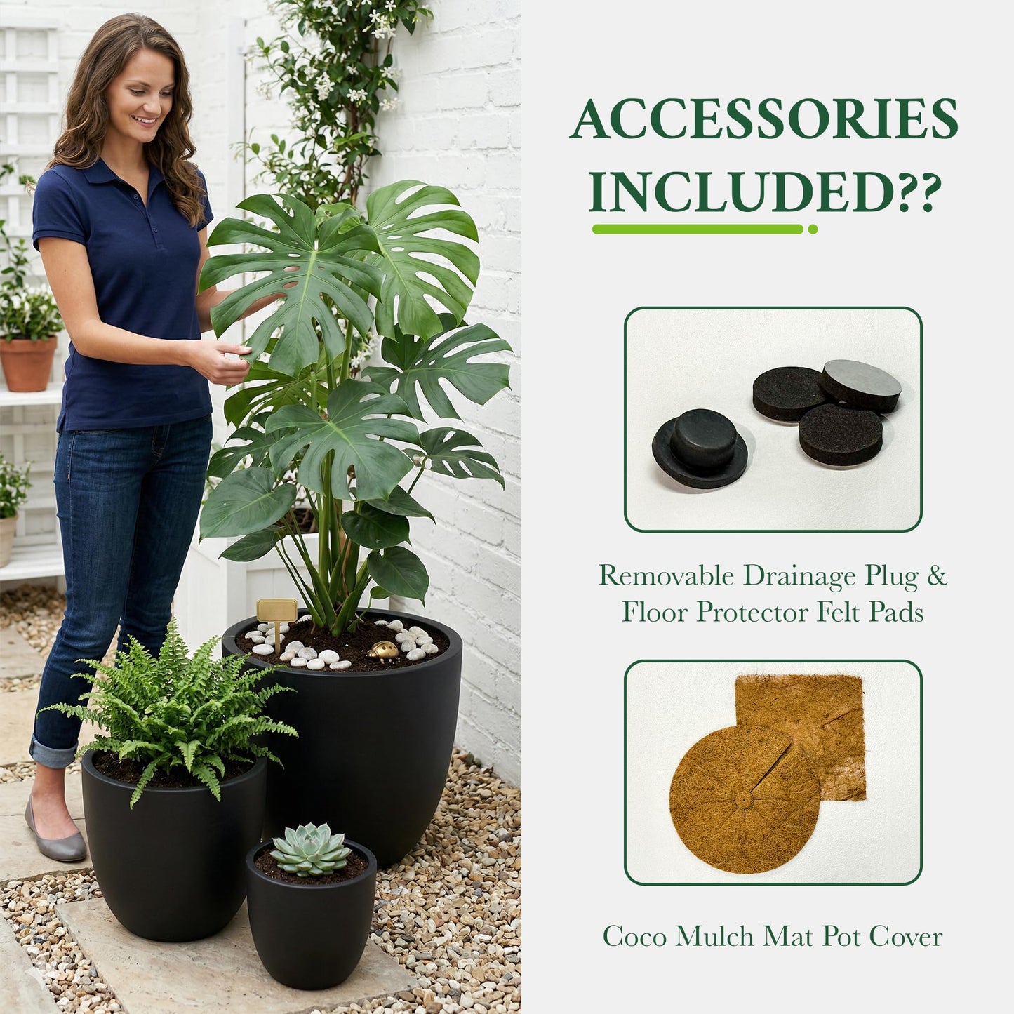 DTY Mount Yale 15.7" D x 15" H (Pot Opening 12.2") Fiberstone Planter with Drainage Hole, Weather Resistant for Indoor and Outdoor, 2 Extra Coco Mats - Black, Medium