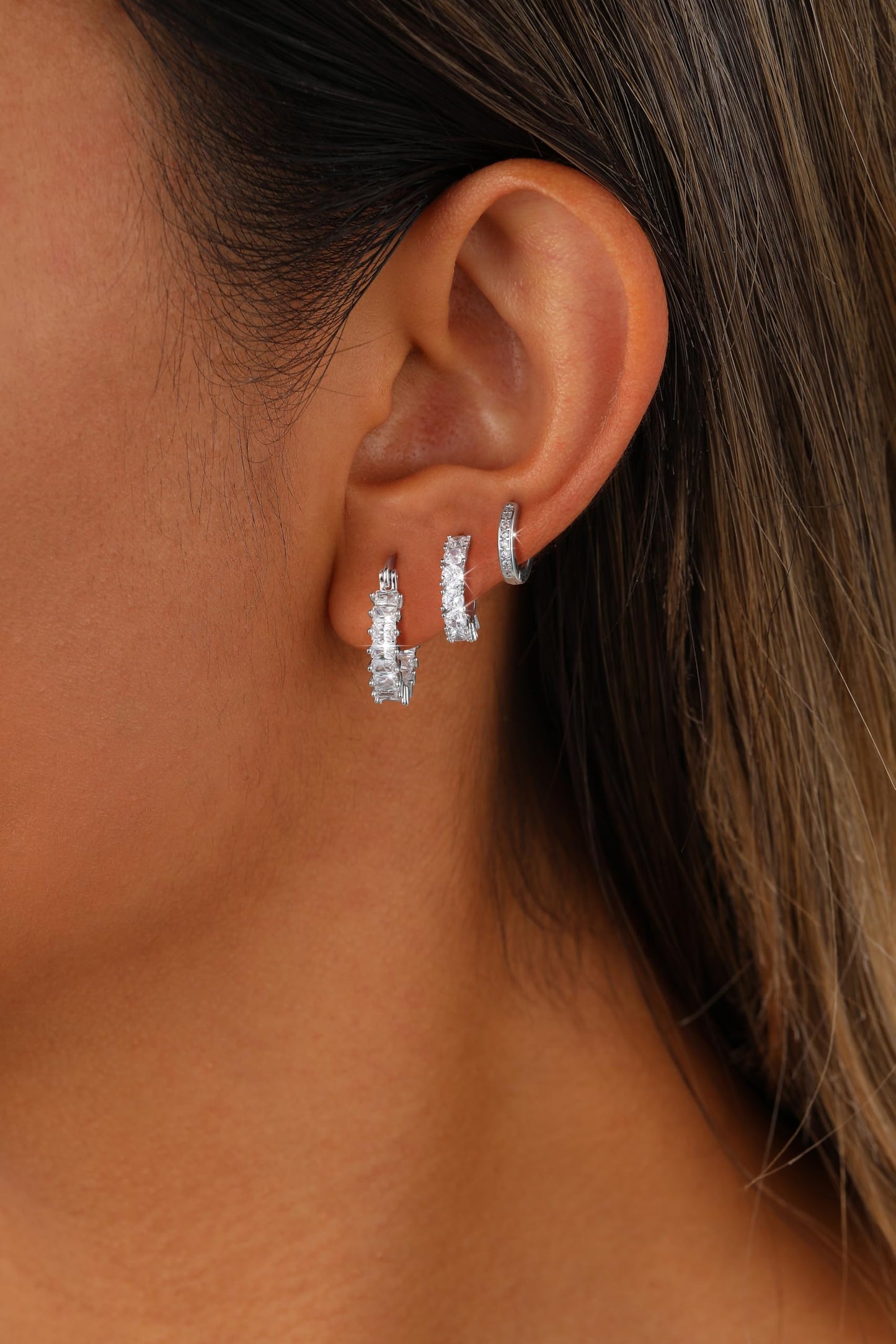 CAROVO 3 Pairs Silver Hoop Earrings for Women Trendy Dainty 14K Gold Plated Cubic Zirconia Huggie Hoop Earrings Stack for Multiple Piercing Jewelry