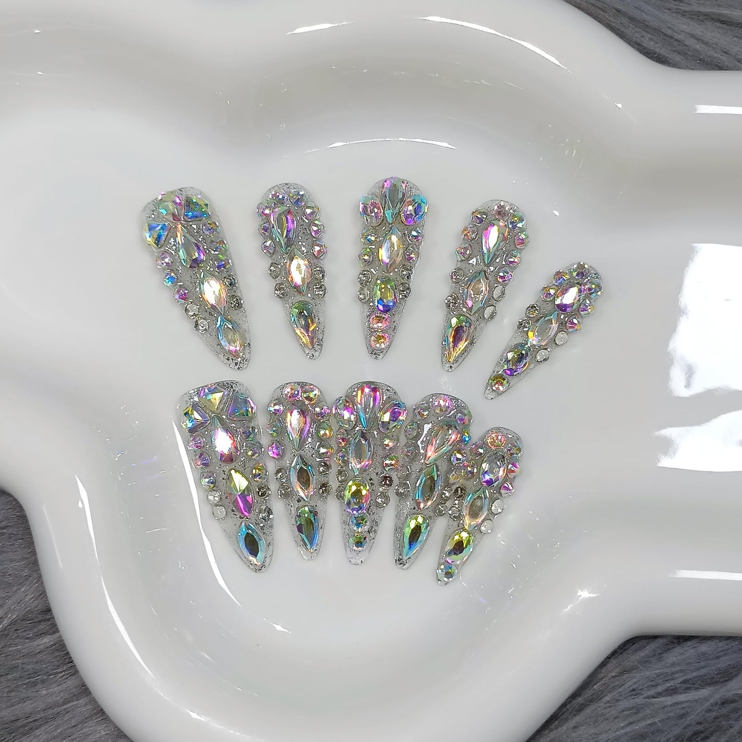 TENPAL 10Pcs Luxury Press On Nails Long Stiletto,Full Cover Crystal Glitter Fake Nail Set with Tools,Reusable Bride Wedding Nails for Bridal Party Bachelorette,Statement Making Glamorous Nail(L)