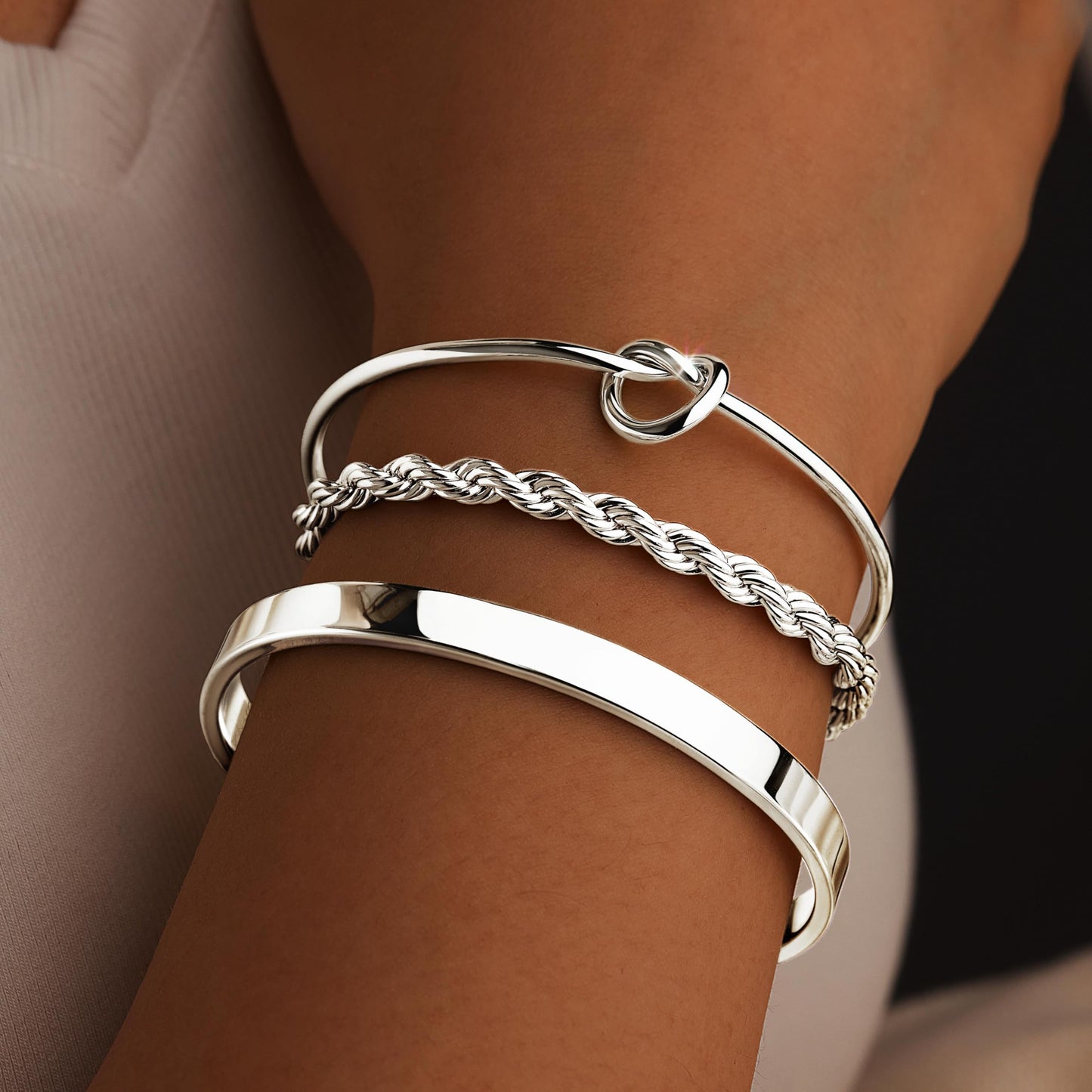 Sterling Silver Plated Bangle Bracelets Stack for Women, Silver Cuff Link Chain Bracelets Set, Trendy Waterproof Jewelry Gifts Adjustable