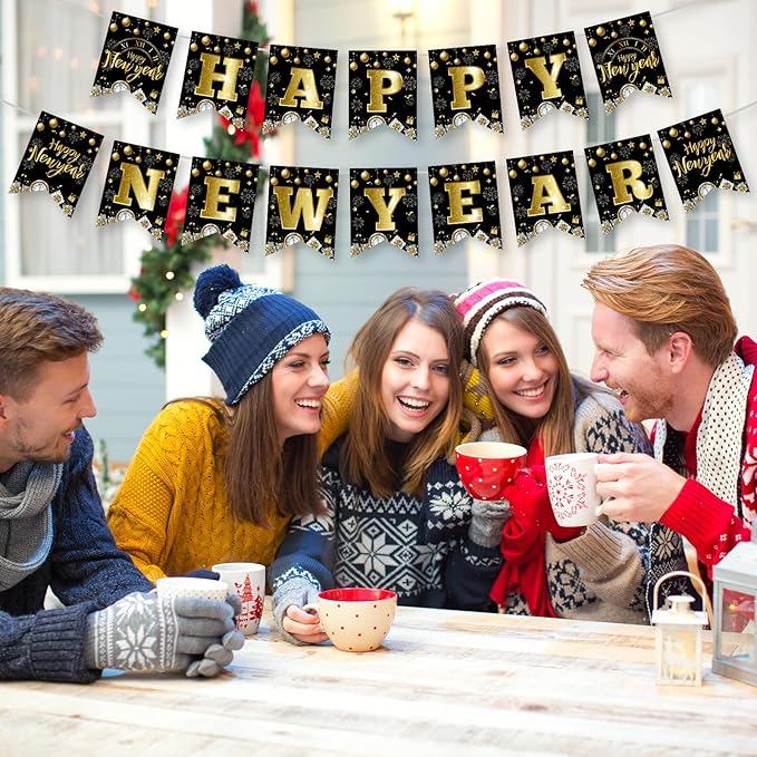 Black & Gold Happy New Year Banner Garland