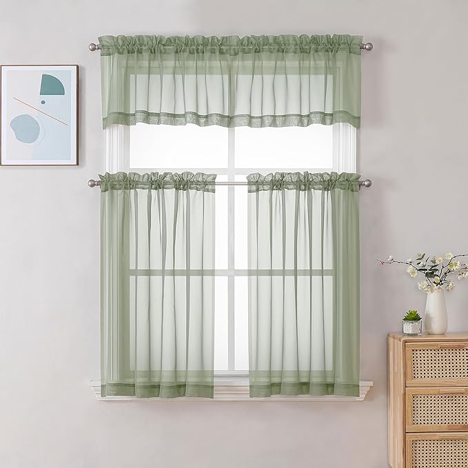 Chyhomenyc Sheer Window Valance Curtains, 42x14 Inches 2PCS, Light Filtering Valances Windows Treatment, Small Rod Pockets Voile Sheer Curtains for Living Room/Bathroom/Basement, Sage Green