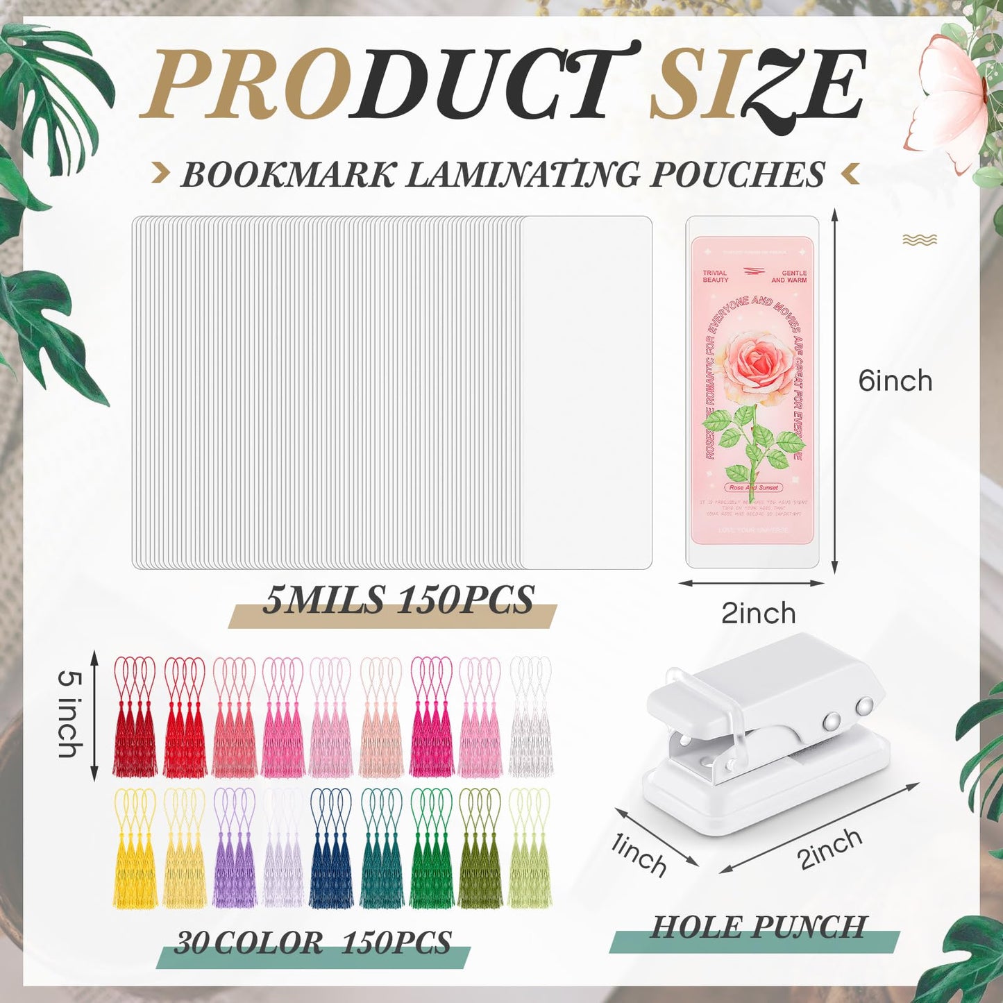 Fuyoooo 301 Pcs DIY Bookmark Making Kit 150 Bookmark Laminating Pouches 5 Mil Hot Laminator Sleeves with 150 Rainbow Tassels and Puncher Fit Most Pouch Laminating Machines(2.36 x 6.3 Inches)
