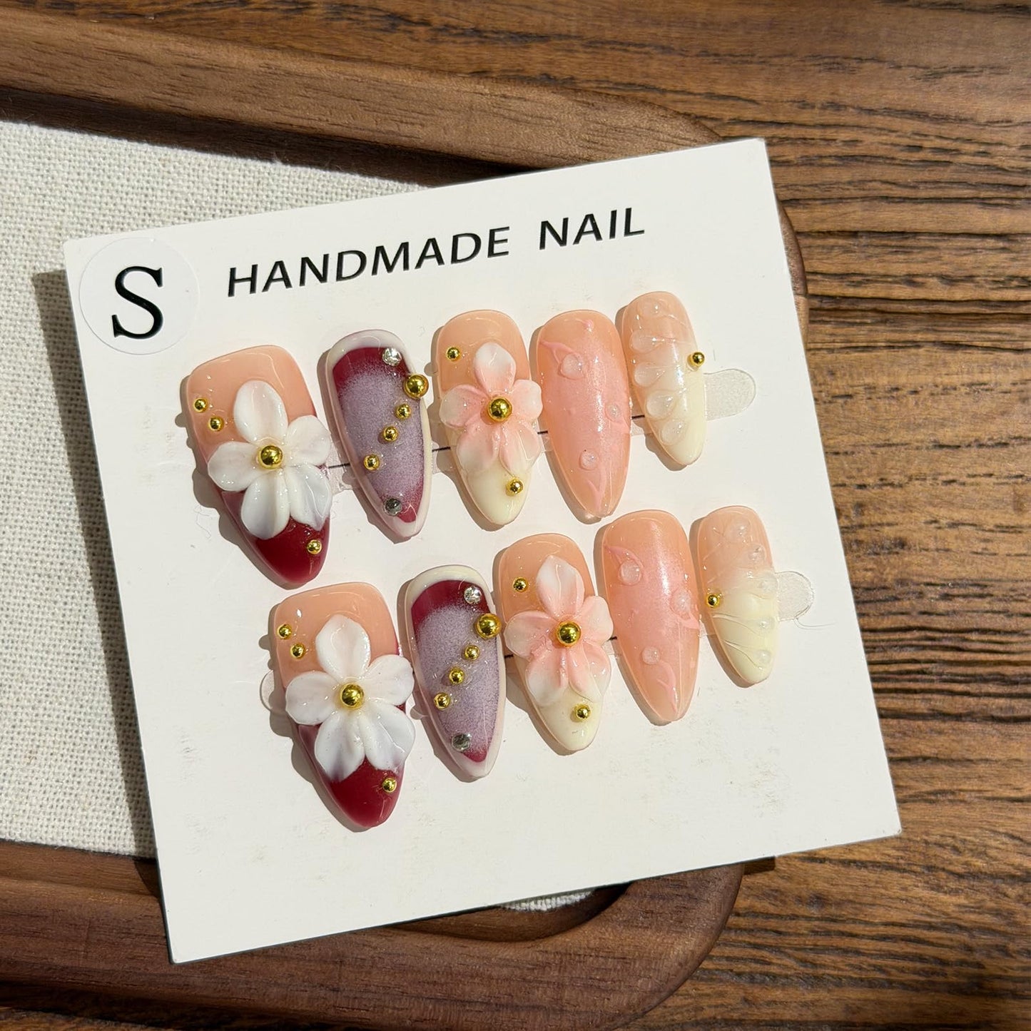Luxury Press on Nails, Medium Almond 3D Handmade Nails, Reusable French Tip False Nails, Pink Flower Metal, Thick Acrylic ABS Nail Art (10PCS-S)