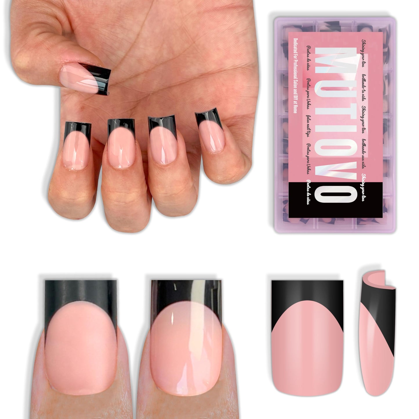 MUTIOVO Black French Tip Short Straight Square Nail Tips Press on, BABY PINK Extra Thick NEED Soft Gel Nail Extension, Need Builder gel & Top,Coat Full Cover False Nails, for DIY x 15 Sizes 150 pcs