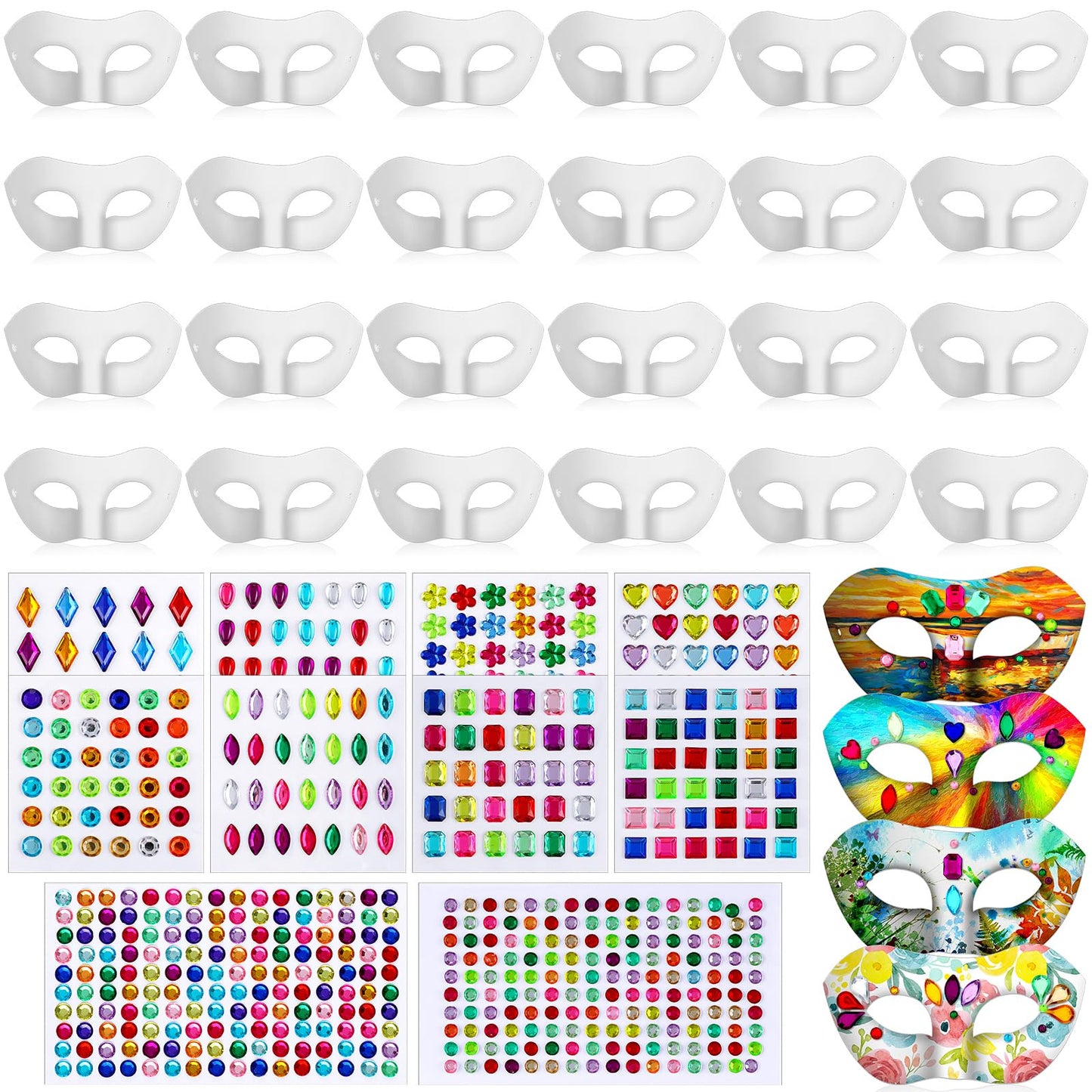Leyndo 192 Pack Paper Mache Art Mask White Craft Masquerade Masks and Gem Stickers DIY Blank Mardi Gras Halloween Cosplay Party (Half Face Style)