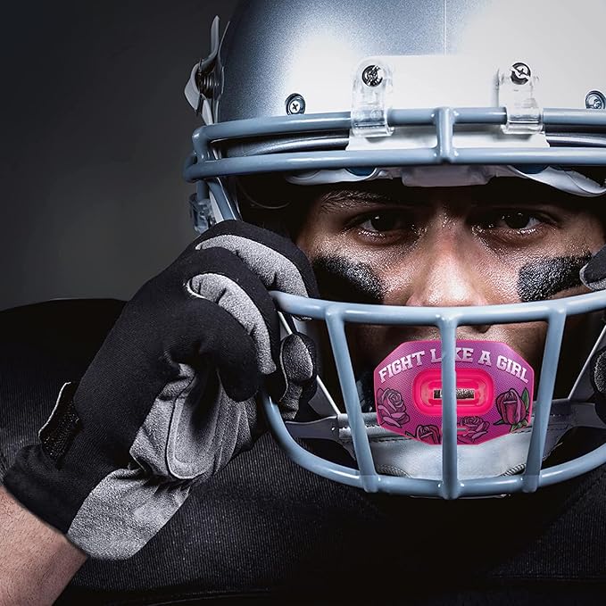 DAMAGE CONTROL Youth Football Mouth Guard – Breathable No Boil Mouthpiece, Protects Lips & Teeth, Works with Braces, Includes Helmet Strap – Sports Gear & Accessories (Fight Like Girl)