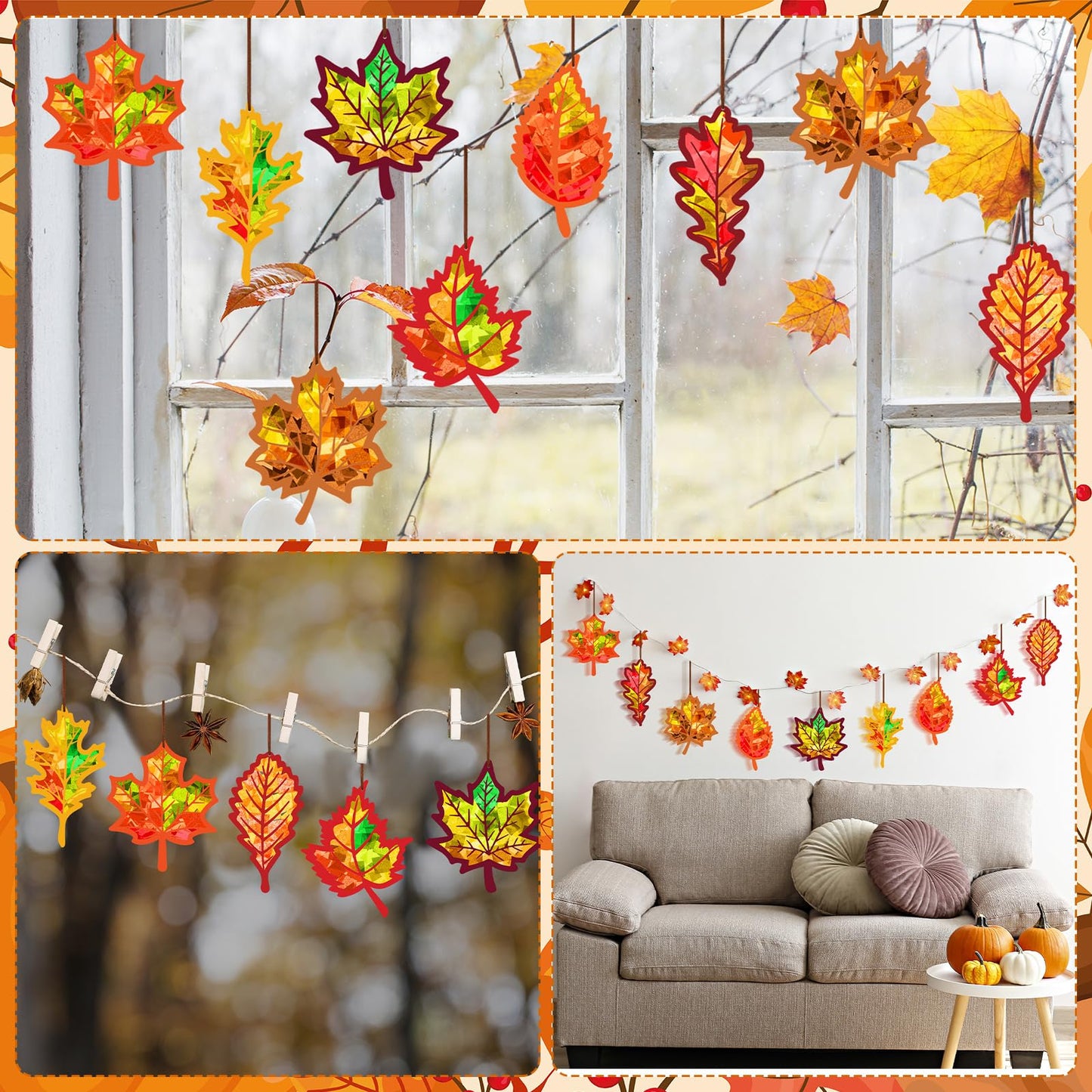 Motipuns 32 Sets Thanksgiving Day Maple Leaf Suncatchers Craft Kits DIY Fall Leaf Tissue Paper Crafts Stained Glass Effect Tissue Paper Kit for Autumn Halloween Window Art