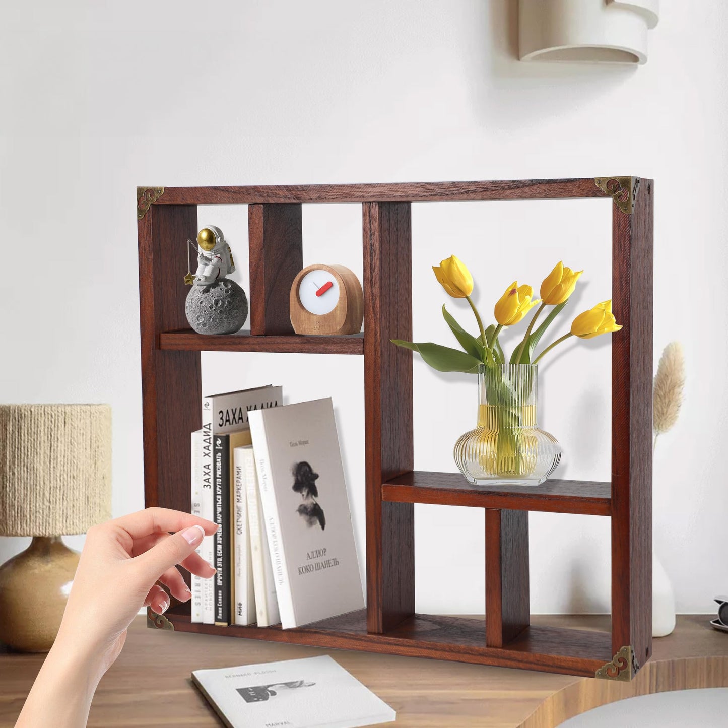 MITREL 17.7x15.7-Inch Shadow Box Display Shelf，6-Slot Rustic Floating Shelves，Larger Wood Trinket Shelf Freestanding Farmhouse Curio Shelf(6C-Rustic Walnut)