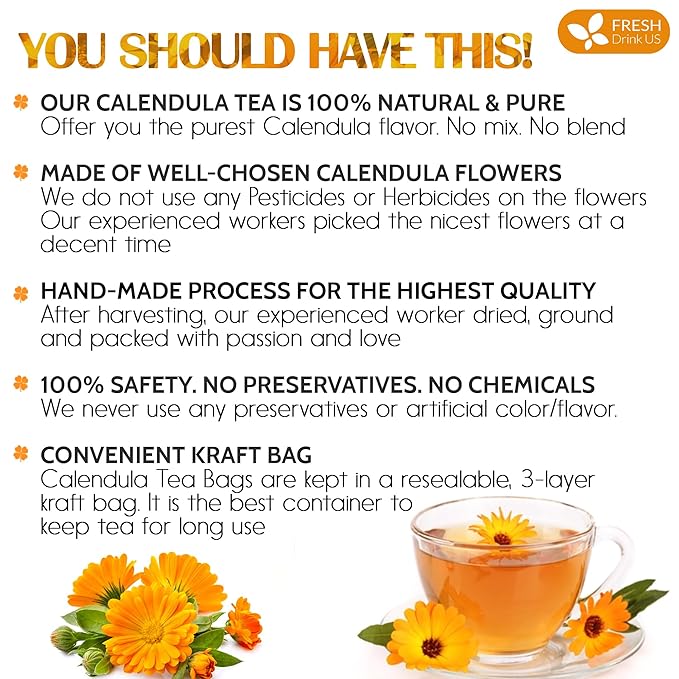 FRESHDRINKUS Calendula Tea Bags, 75 Count, Herbal, Vegan, Sugar Free, Caffeine Free, Gluten Free, 100% Natural Calendula Flowers