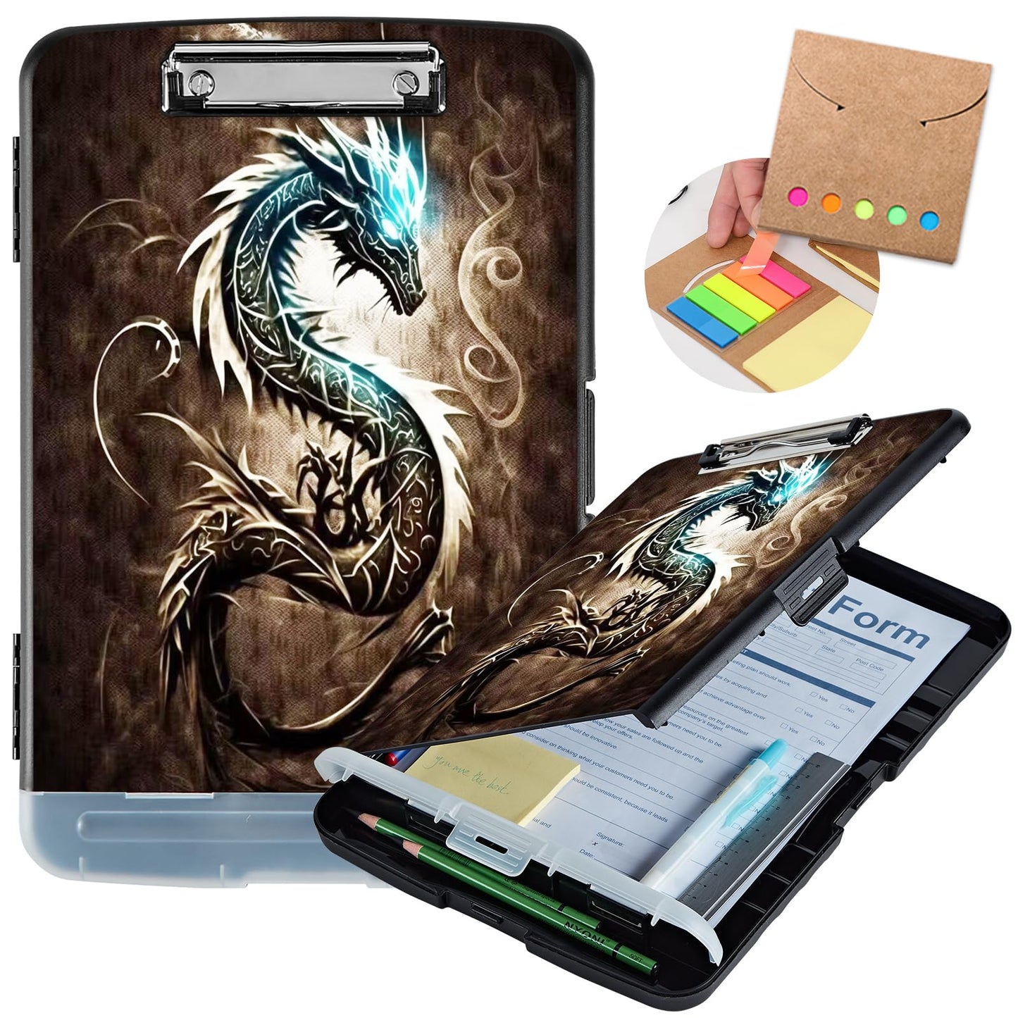 Clipboard with Storage,Heavy Duty Plastic Storage Clipboard with Low Profile Clip,Teacher Must Haves,Office Supplies,Dragon