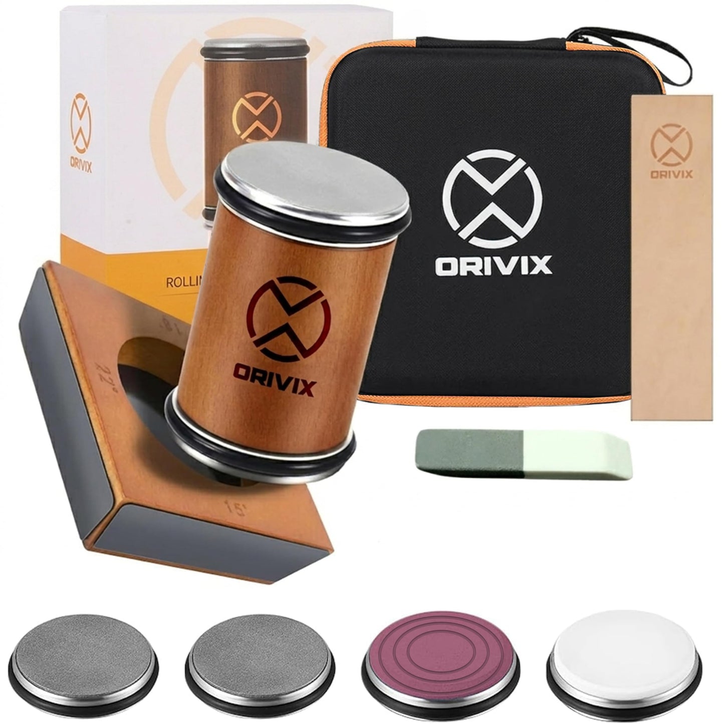 Orivix Rolling Knife Sharpener Kit – Magnetic 4-Angle Base, 3.86 Inches Longer Wooden Roller, 4 Grit Discs (1000/400 Diamond & 3000 Maroon / 6000 White Ceramic) and Leather Strop