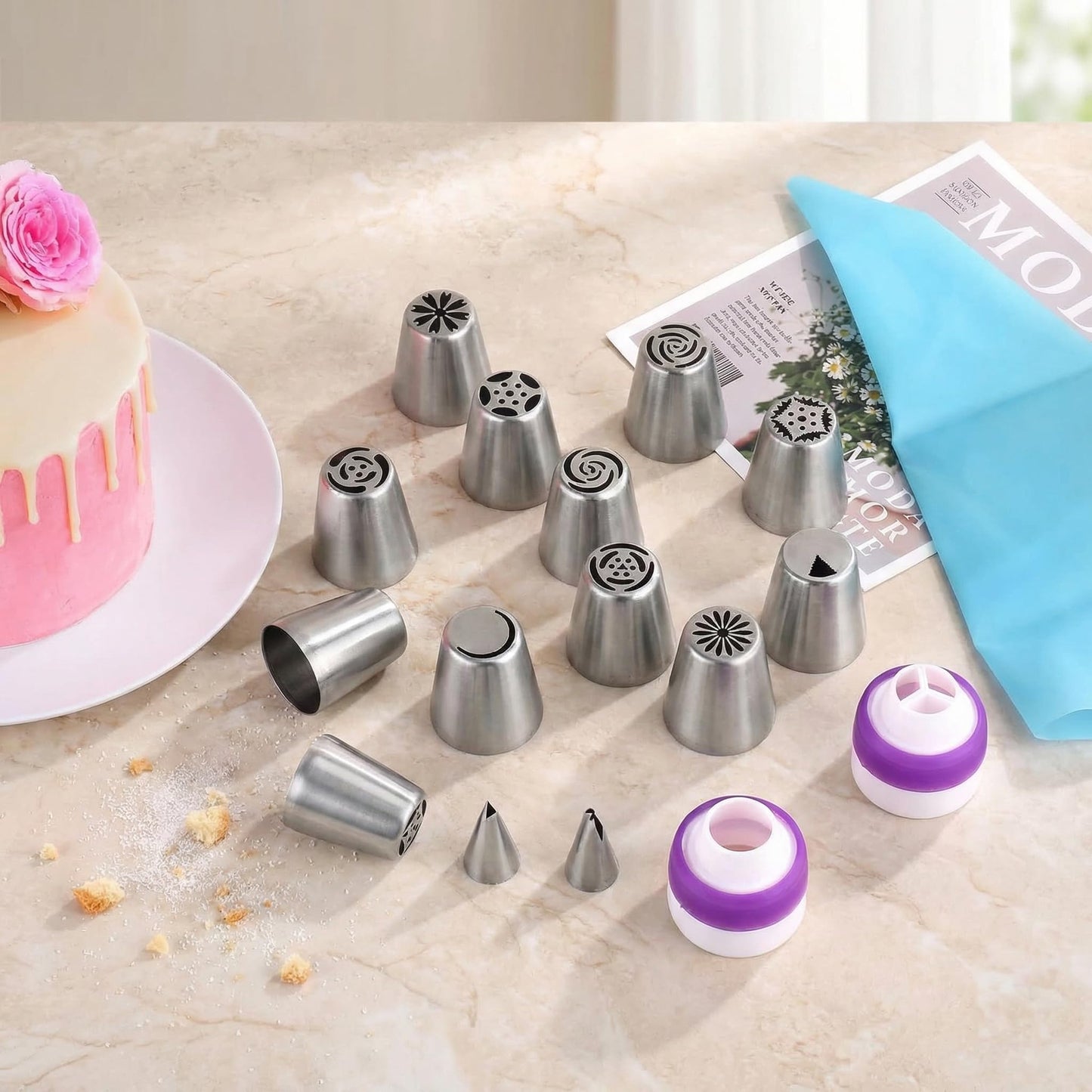 29 Pcs Russian Piping Tips Set with 2 Pcs Piping Tip Organizer, 12 Flower Frosting Nozzles Icing Tips, Leaf Tips, Couplers and Pastry Bags, Complete Cake Decorating Kit and Baking Tool Storage
