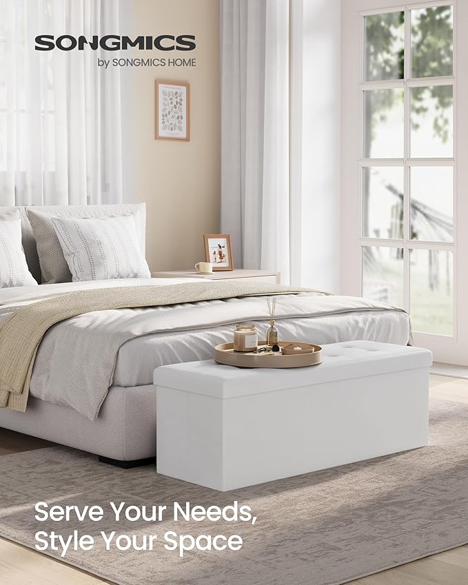 SONGMICS MAZIE Collection - 43 Inches Folding Storage Ottoman Bench, Ottoman with Storage, Foot Rest Stool, Load 660 lb, for Living Room, Synthetic Leather, White ULSF702