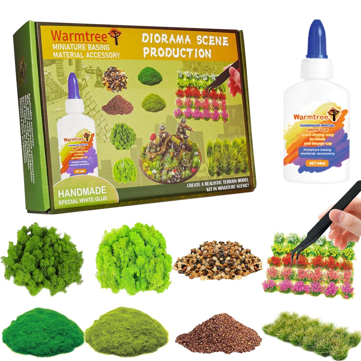 Warmtree Miniature Basing Material, Battlefields Basing Set, Static Grass Bushy Tufts Miniature Flowers Basing Glue for Train Railroad Scenery Military Layout Model and Diorama Supplies
