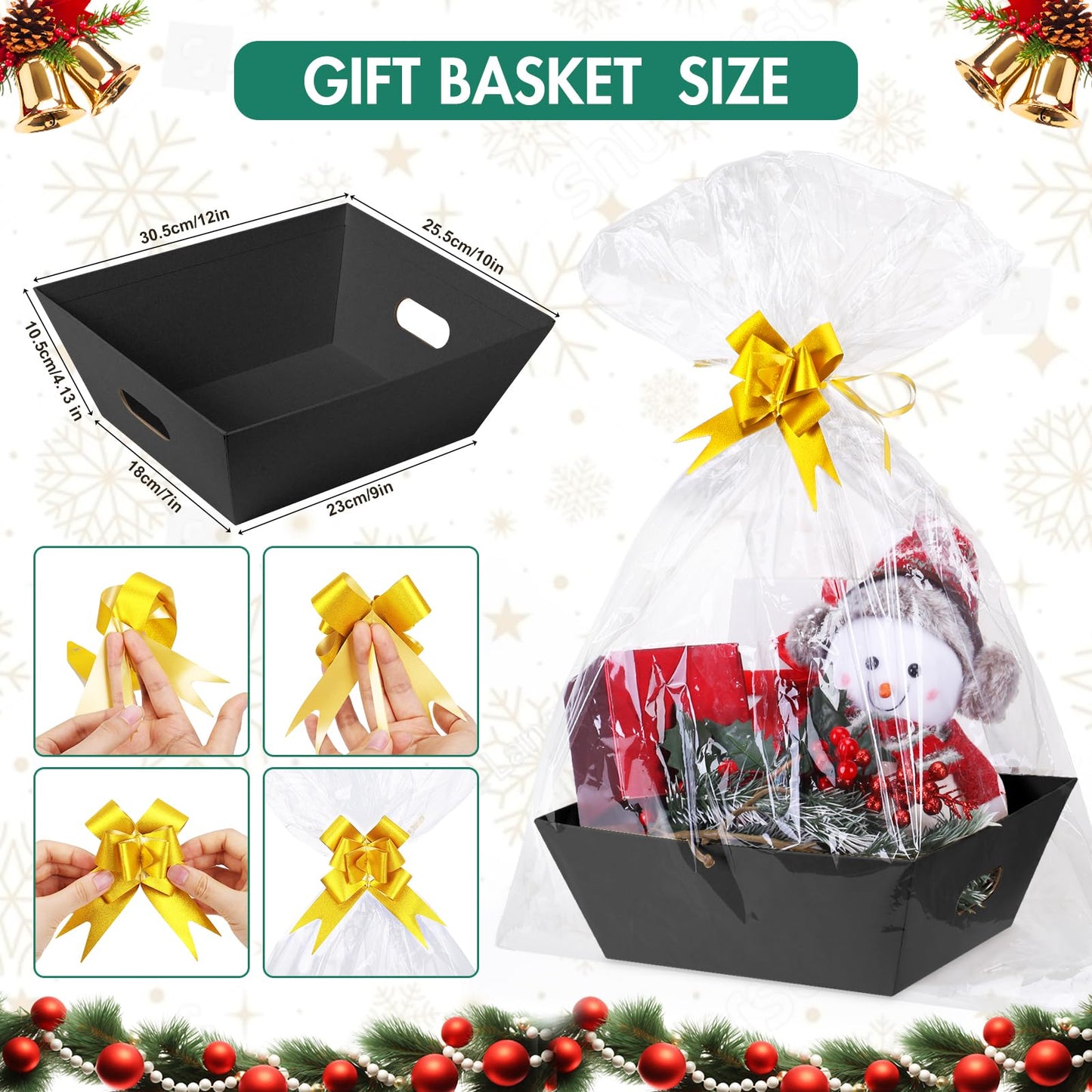 AFOROEOA 10PACK Black Baskets For Gifts Empty, 10x12”Thick Kraft Gift Basket with 10 Bows 10 Bags Empty Gift Baskets for Christmas, Easter, Birthdays, Snacks, Farmers Market
