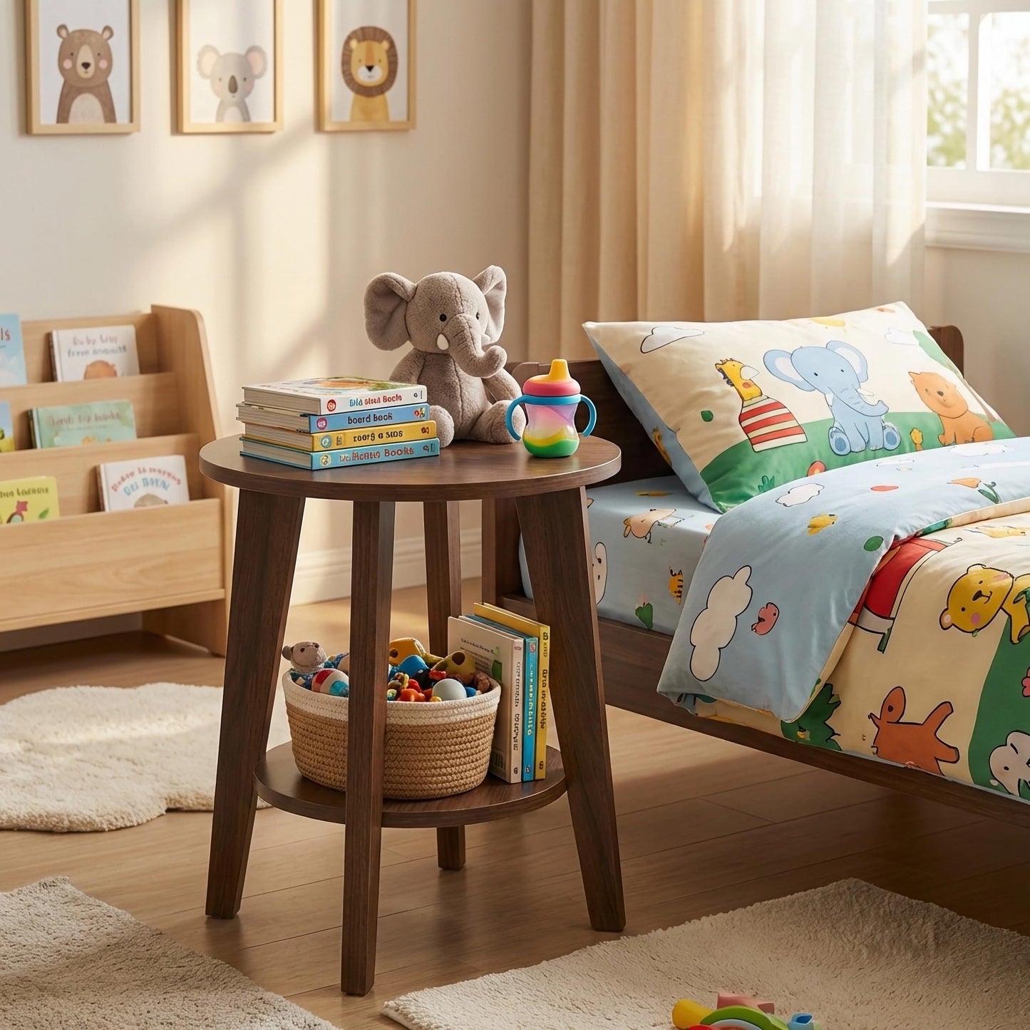 DURISEN Small Round Side Table - 17.7" Cute End Table with 2-Tier Storage - Waterproof Low Nightstand for Kids Room, Nursery, Small Spaces, Plant Stand & Bean Bag (Walnut)