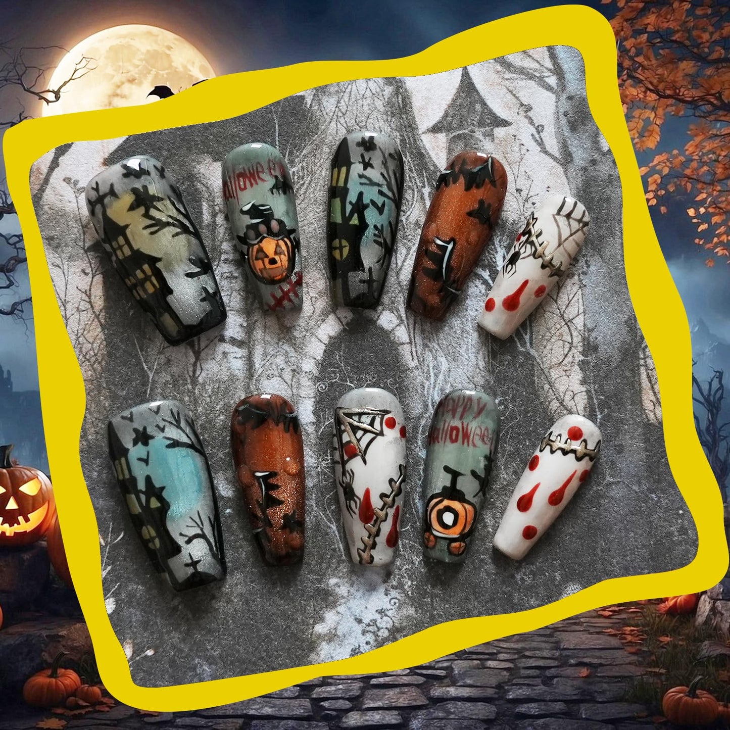 Tesytto Handmade Press on Nails Long Coffin - Cartoon Story with Horror Design for Parties, Halloween (Halloween House Story,S)
