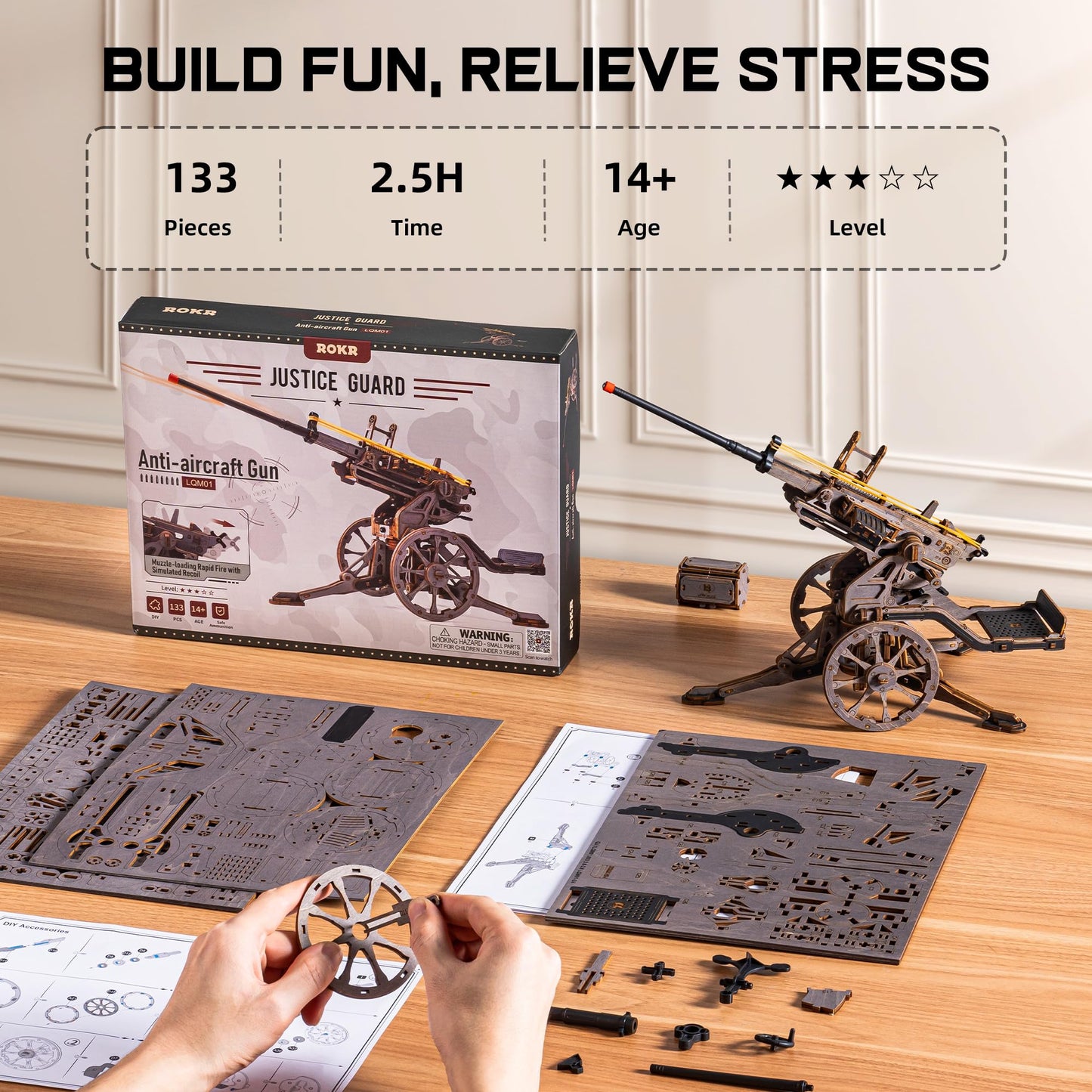 ROKR Anti-Aircraft Gun 3D Wood Puzzle for Adults - Mechanical Rubber Band Shooting Model Kit, DIY Building Set for Teens and Hobbyists, Desktop Decor
