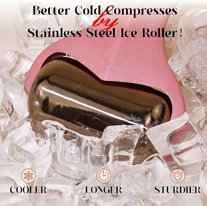 Rena Chris Ice Roller for Face & Body - 2 Stainless Steel Roller-Heads for Extended Cooling, Ice Face Roller for Clear Skin and Puffiness Relief - Face Massage Skin Care Roller
