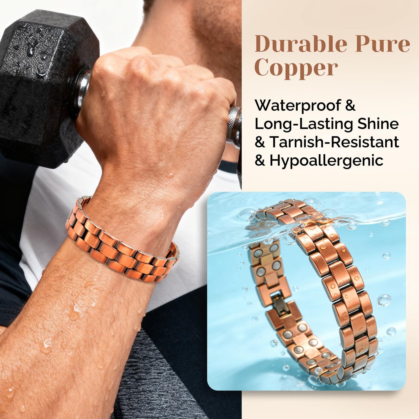 JEROOT Men's 99.99% Pure Copper Magnetic Bracelet, 3500 Gauss Magnets Adjustable with Sizing Tool