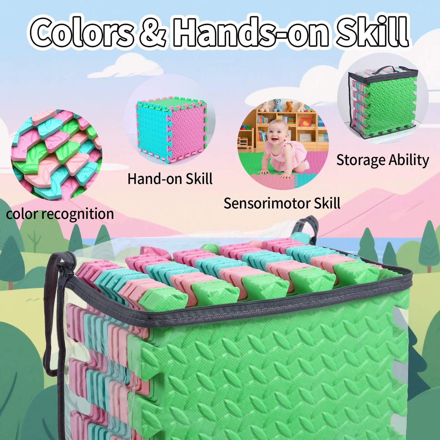 Coolcandy Baby Foam Play Mat 16Pcs with Edge Strips, 4 Colors Interlocking Floor Tiles, 0.4″ Thickened Non-Slip Puzzle Floor Mat for Infants Toddlers Playroom & Daycare