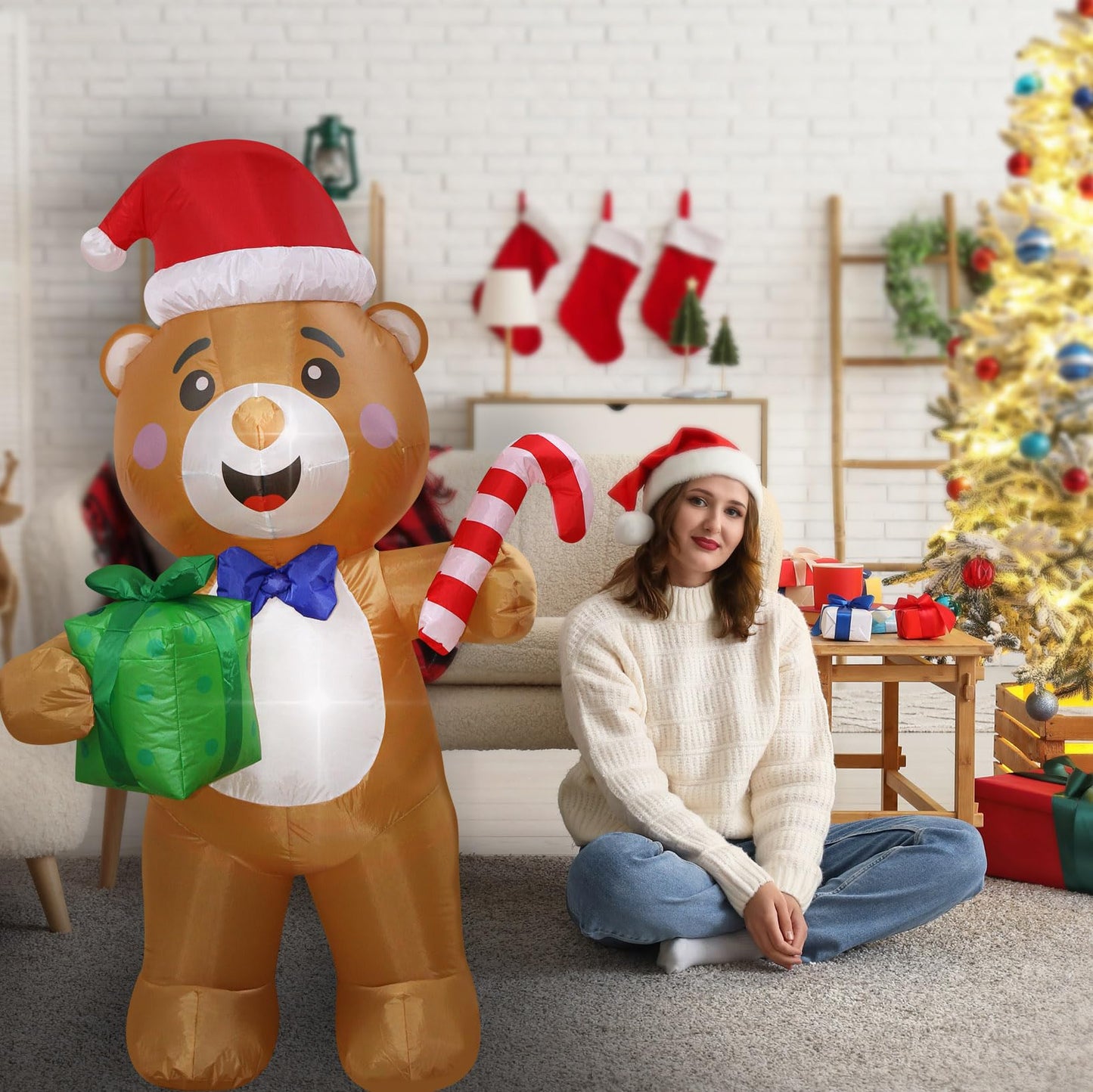 Christmas Inflatables Bear Gift Box Candy Cane Lighted Yard Lawn Inflatable Decoration with Built-in Fan and Stakes Ropes Holiday Party Decor, Christmas Decor (5FT-Bear Holds Giftbox & Candy Cane)