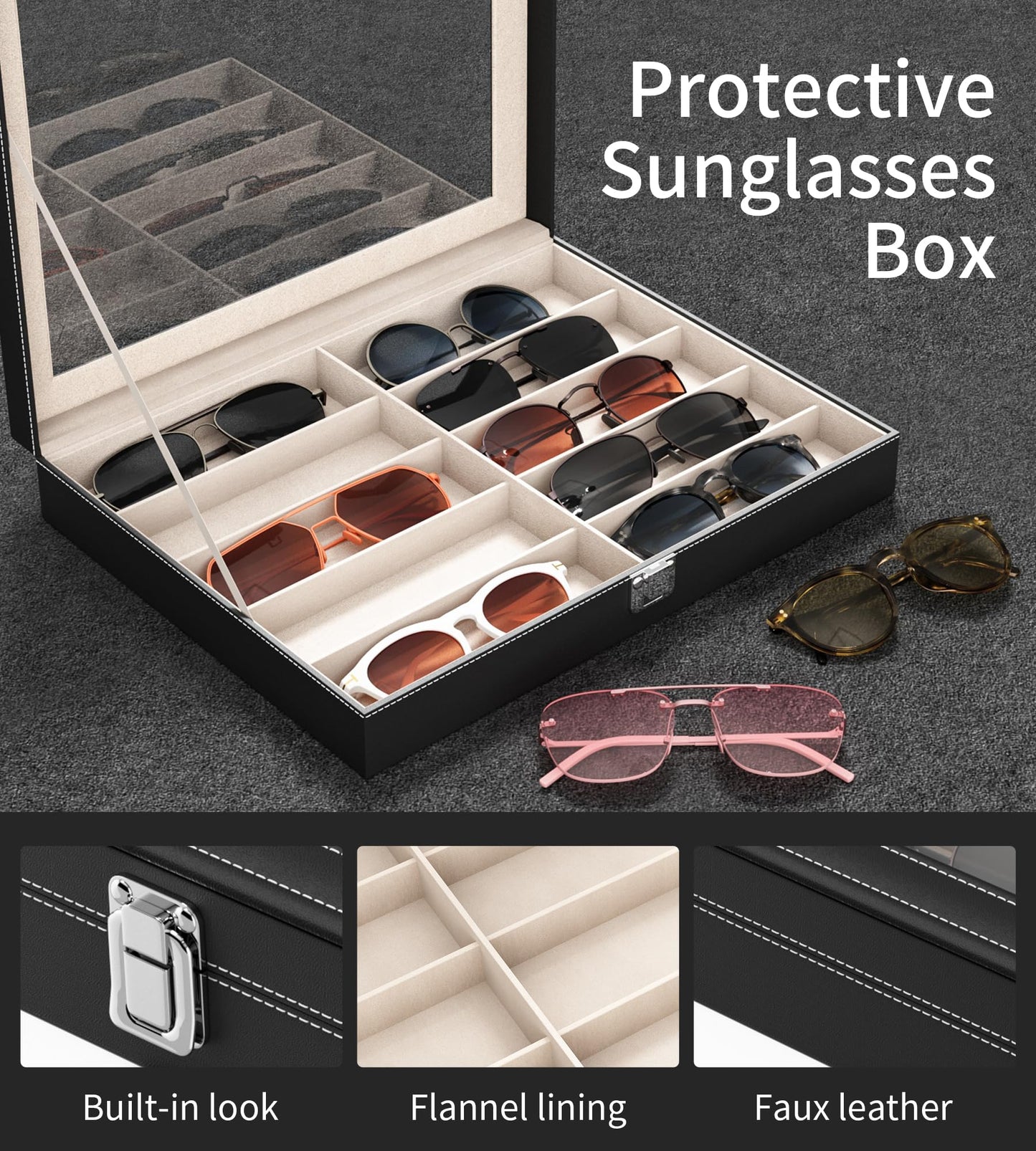 NEWLOOP Sunglass Organizer for Women Men - Multiple Pair of Sunglasses Storage Box Eye Glass Watch Leather Display Case with 10 Slots Black