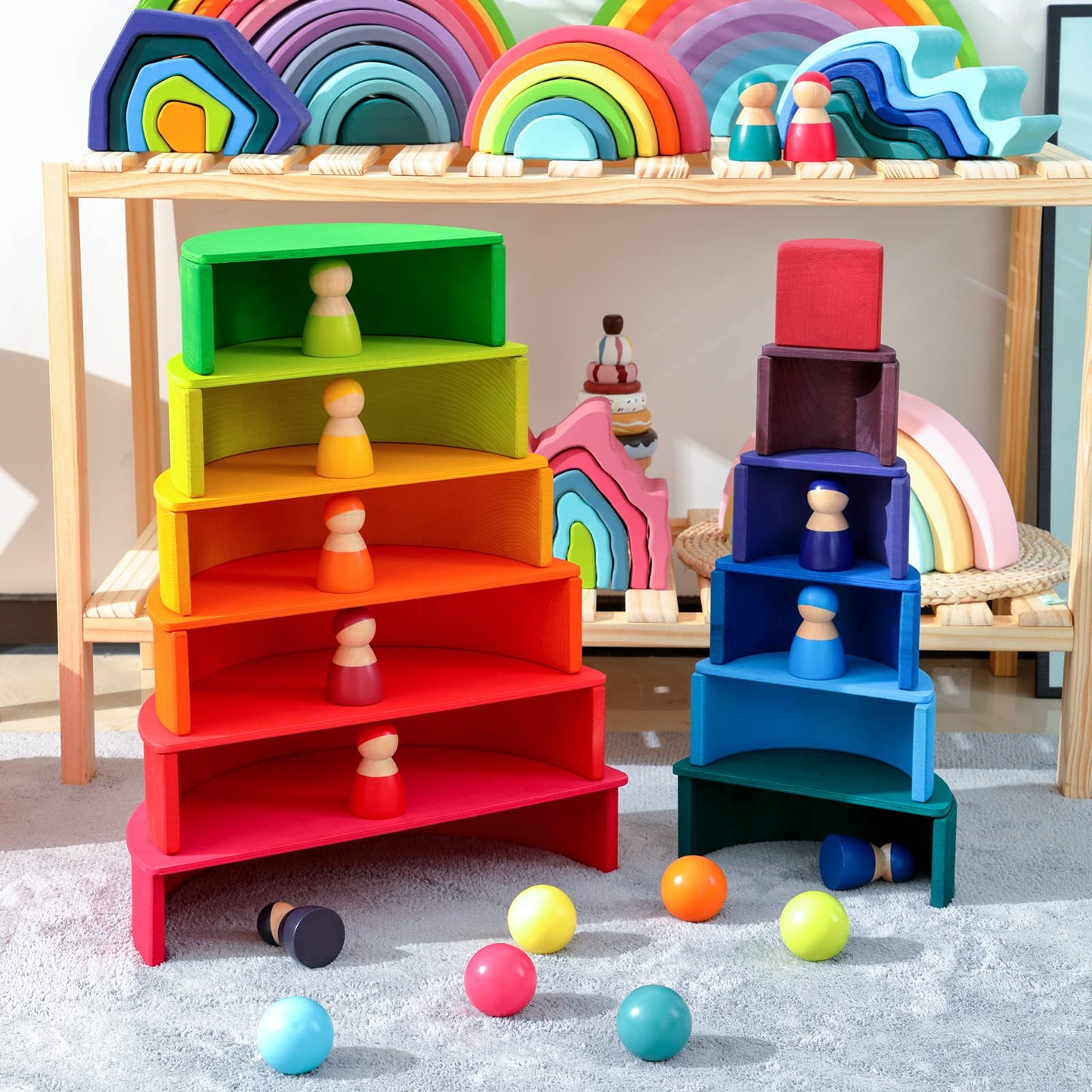 MERRYHEART Wooden Rainbow Stacking Toy - 12 Pieces Extra Large Montessori Wooden Stacking Arch Educational Toys, Nesting Puzzle Building Blocks for Kids Toddlers (Rainbow Stackers)