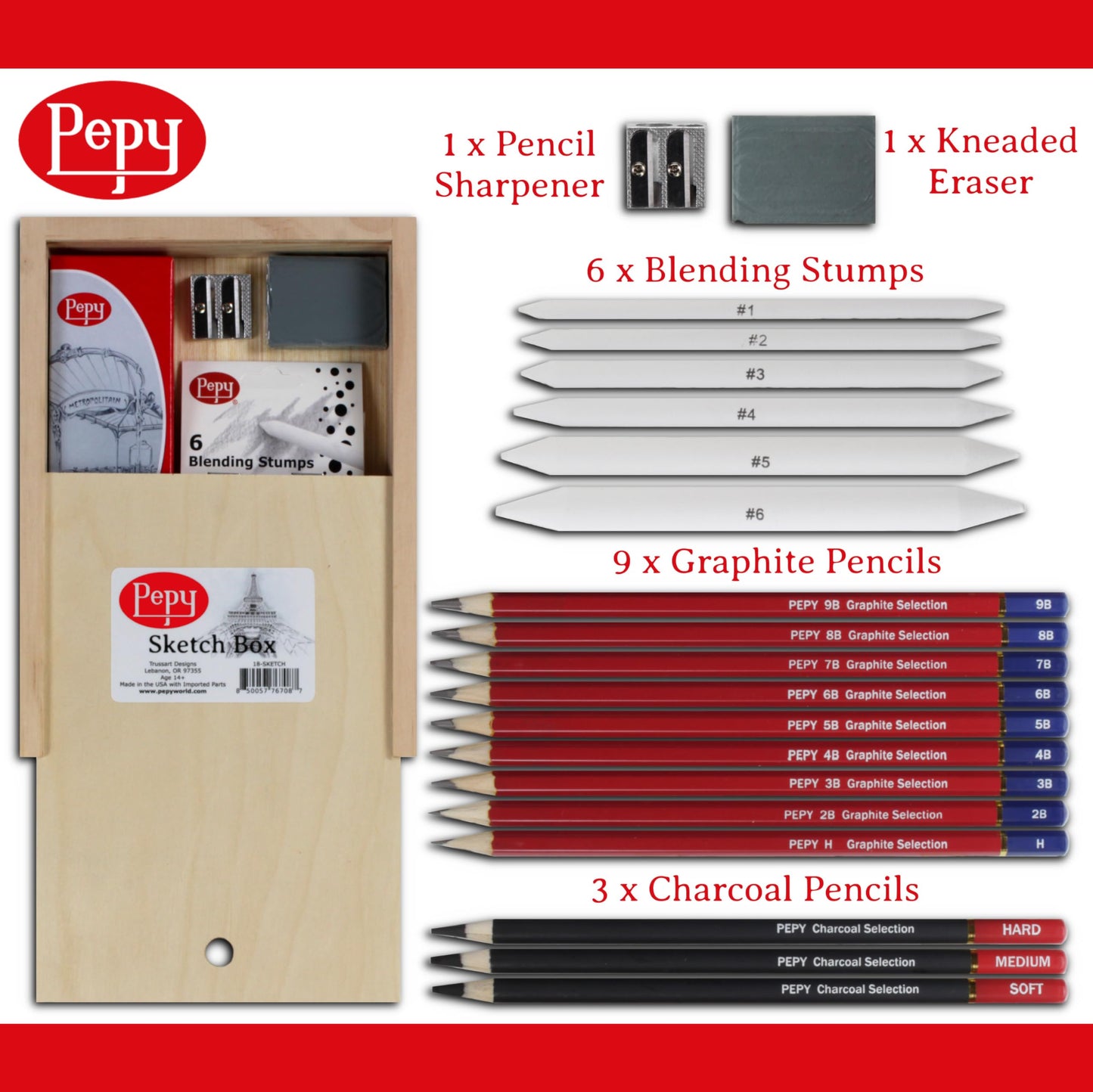 Pepy Sketching and Drawing Set in Wood Carrying Box: 3 Charcoal Pencils, 8 Graphite Pencils, Sharpener, Eraser, and Set of 6 Blending Stumps