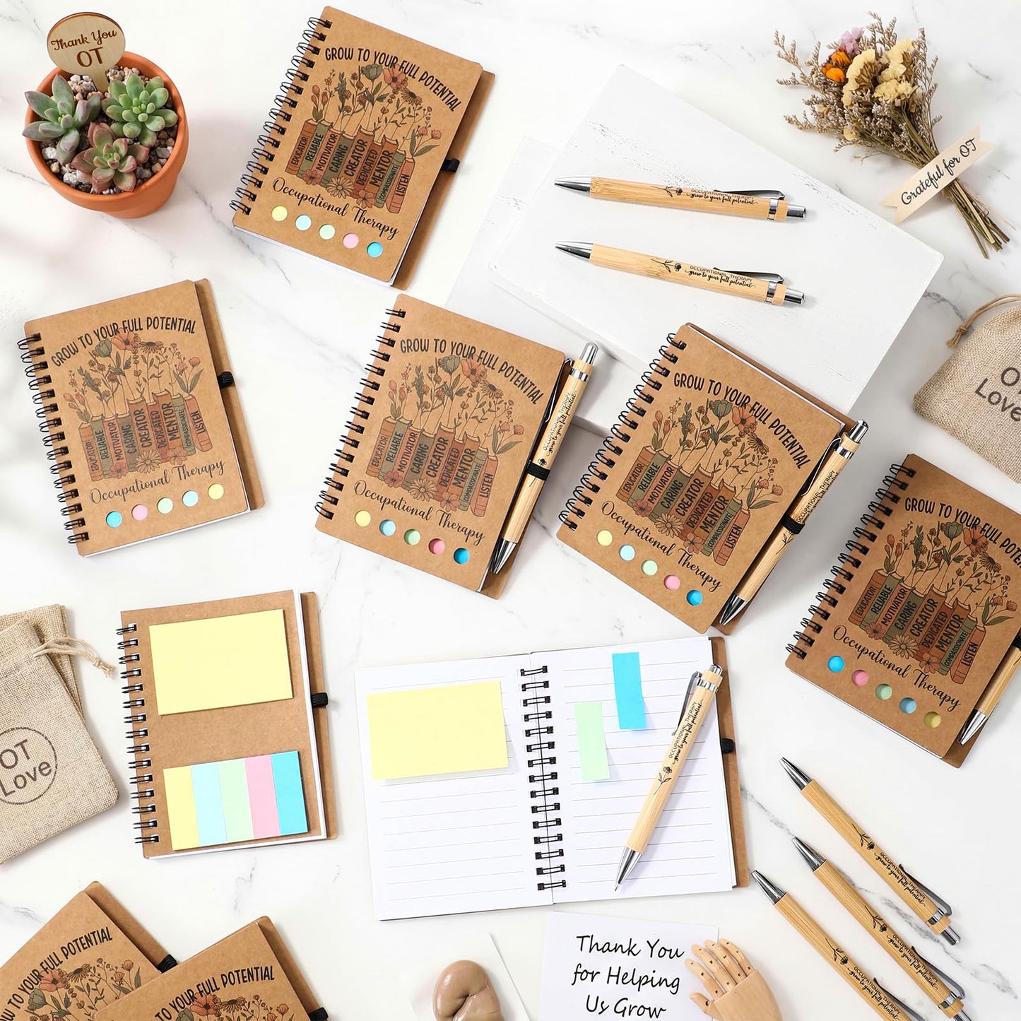 Jetec 20 Set Occupational Therapy Appreciation Gifts Bulk OT Month A6 Spiral Journal Notebooks with Sticky Notes Bamboo Pens for Occupational Therapist Must Haves Supplies