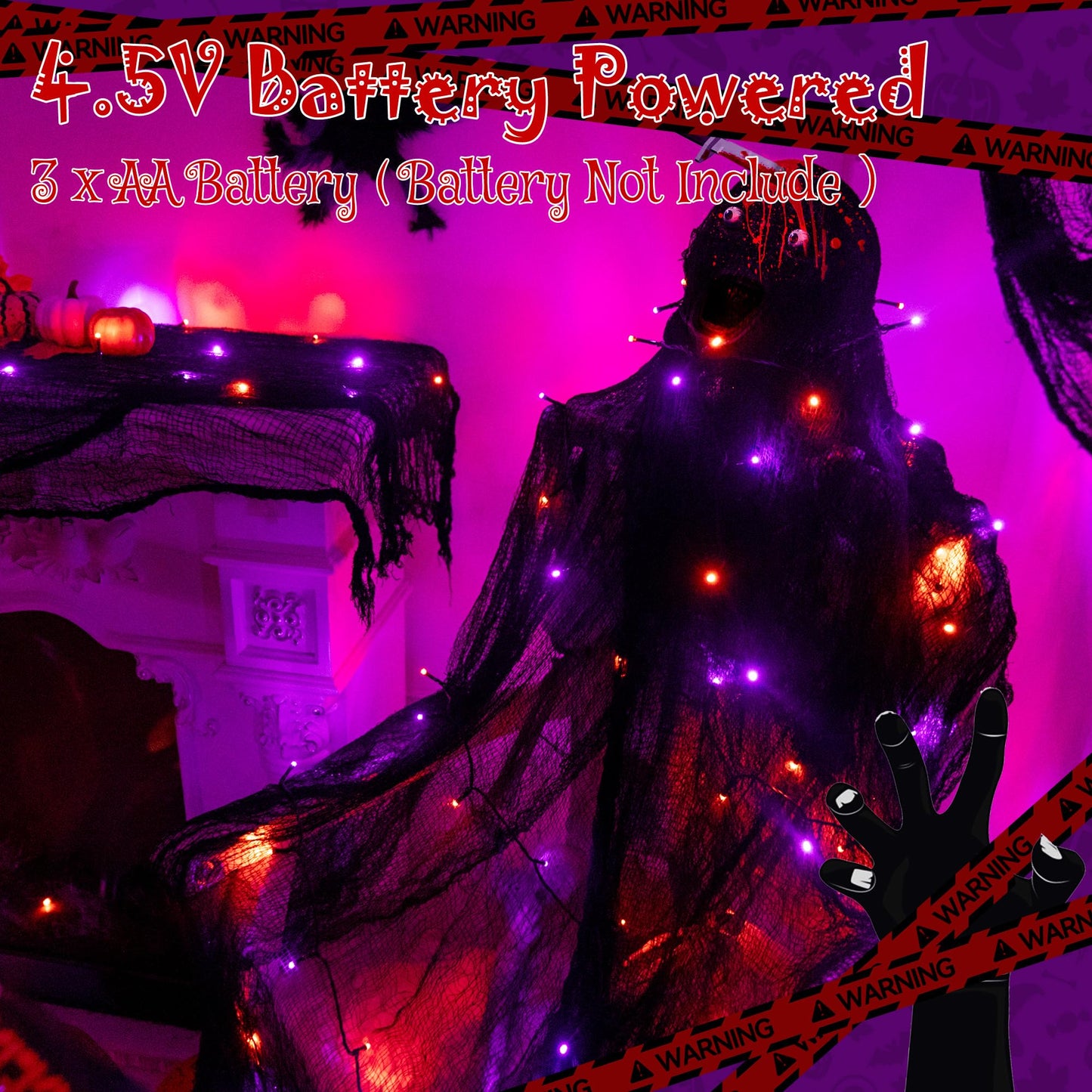 Ollny Halloween Lights 100LED 33FT, Orange and Purple String Lights with Creepy Cloth(197 x 63 in), Battery Operated Fairy Lights with 8 Lighting Modes Timer for Outdoor Party Yard Decor