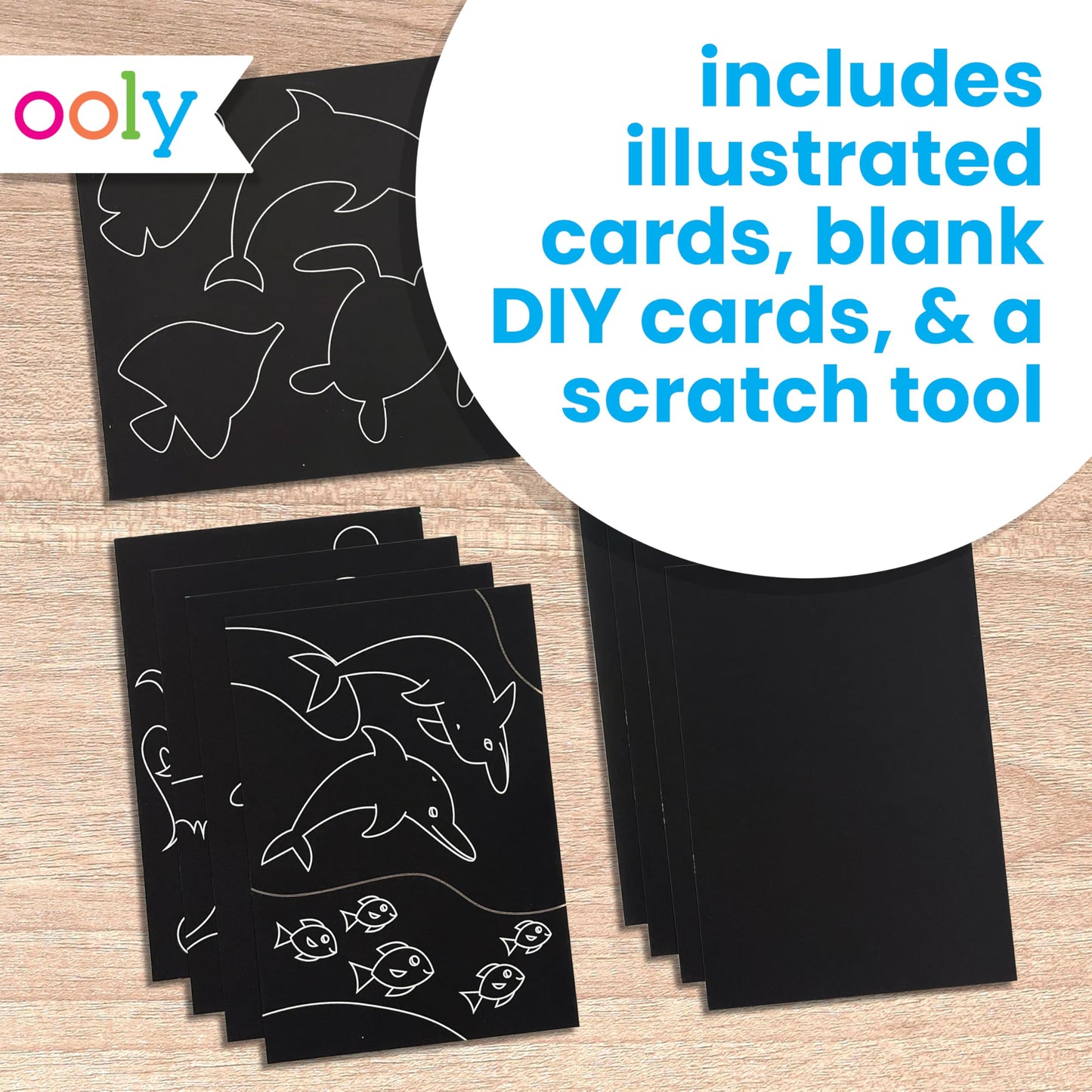 Ooly Scratch & Scribble 10pc Art Kit with 8 Total Scratch Cards (4 Illustrated, 2 Blank, 2 Rainbow) with Scratching Tool and Sparkled Stickers, Art Set Gifts for Kids - Ocean Life