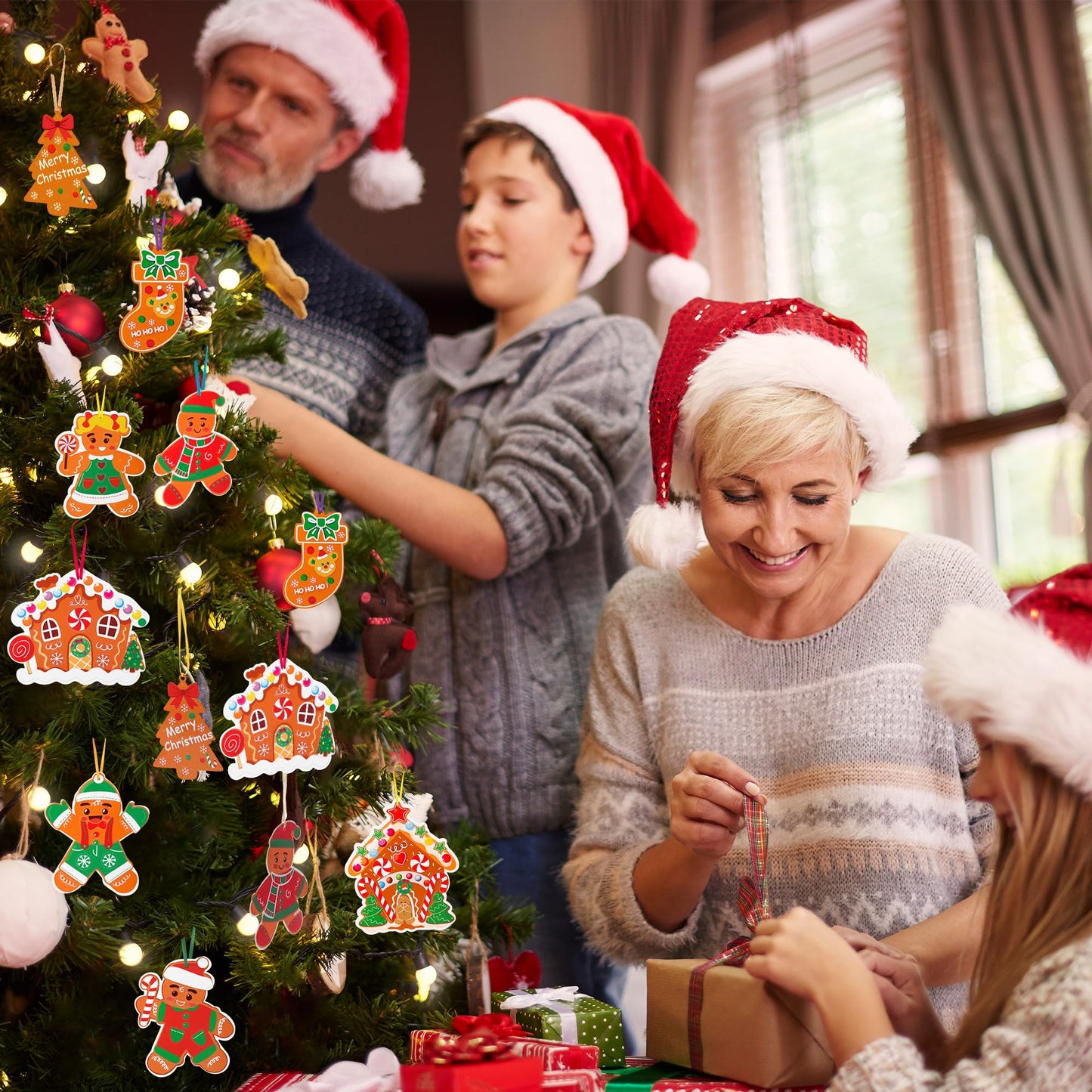 Christmas Ornament Craft Kits for Kids - DIY Gingerbread Christmas Decorations, 24PCS Set with 8 Festive Designs Including Gingerbread Man, Tree, Stocking, Stickers & Strings for Xmas Party Favors